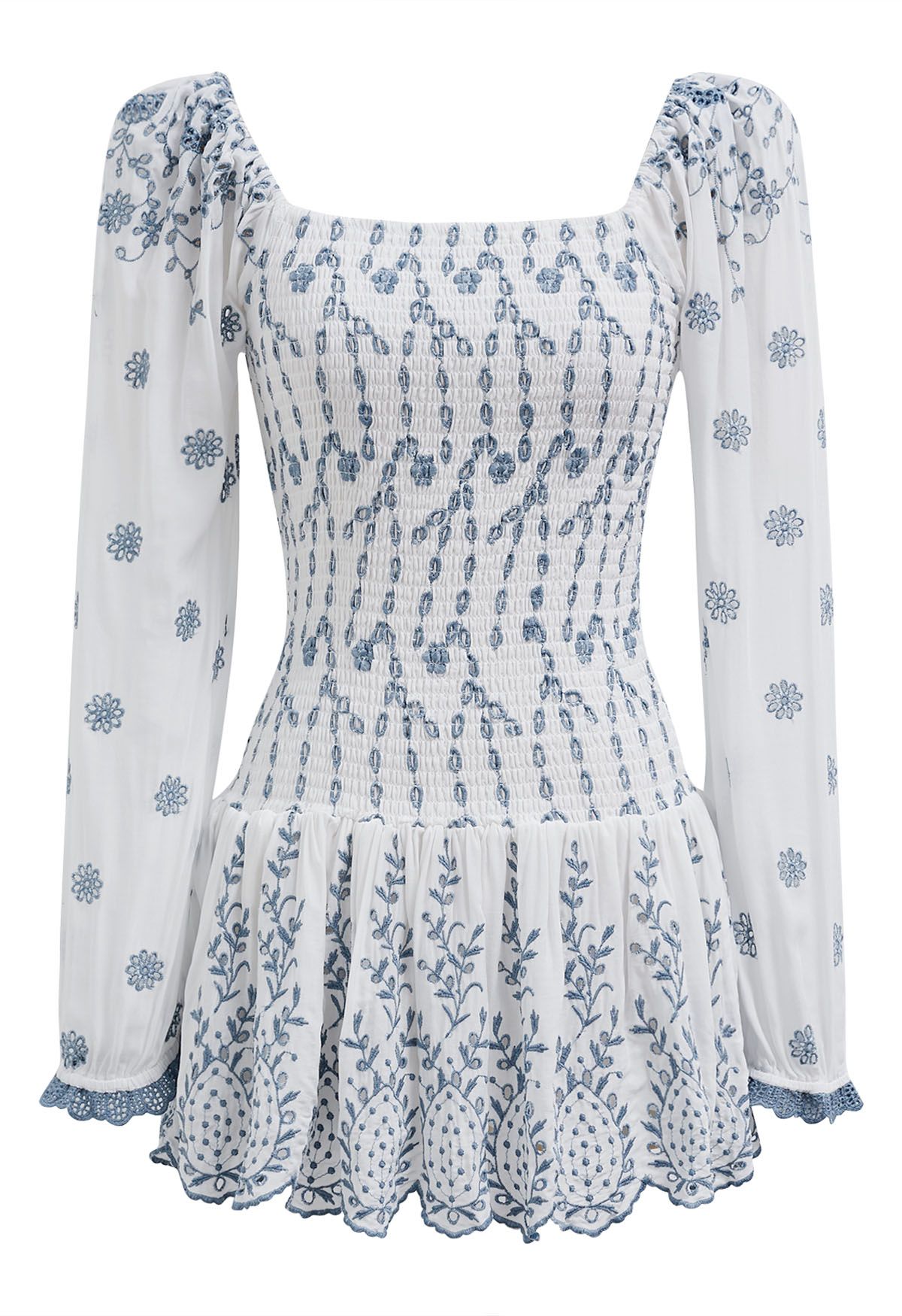 Floral Branch Embroidery Shirred Bodice Mini Dress