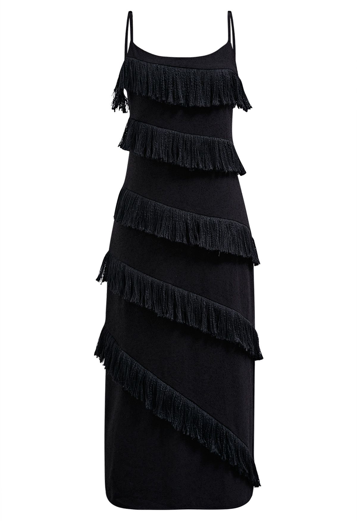 Playful Fringe Textured Cami Dress in Black