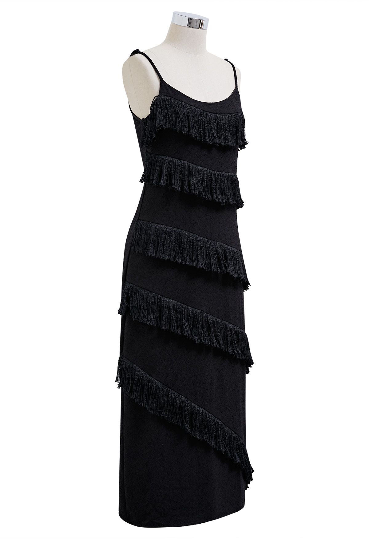 Playful Fringe Textured Cami Dress in Black