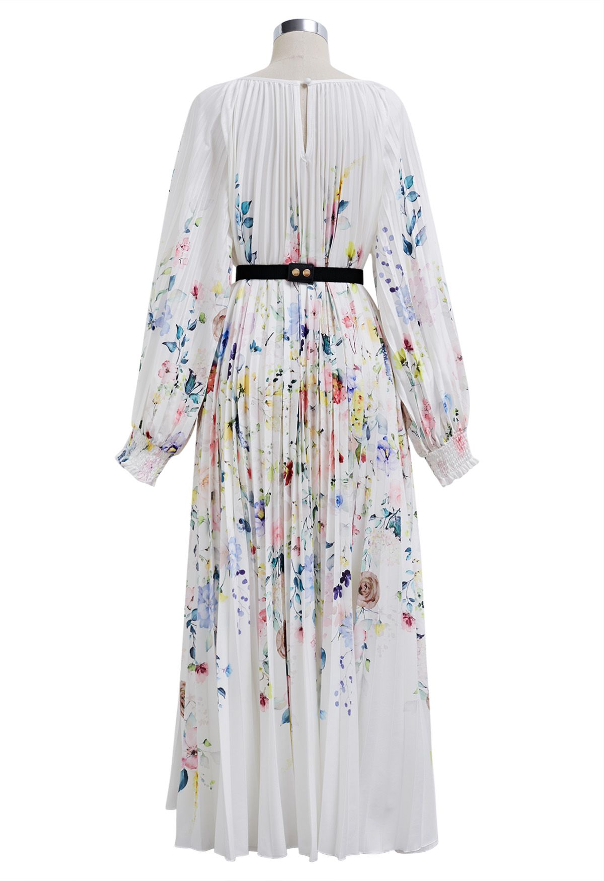 Blossoming Day Watercolor Pleated Maxi Dress in White