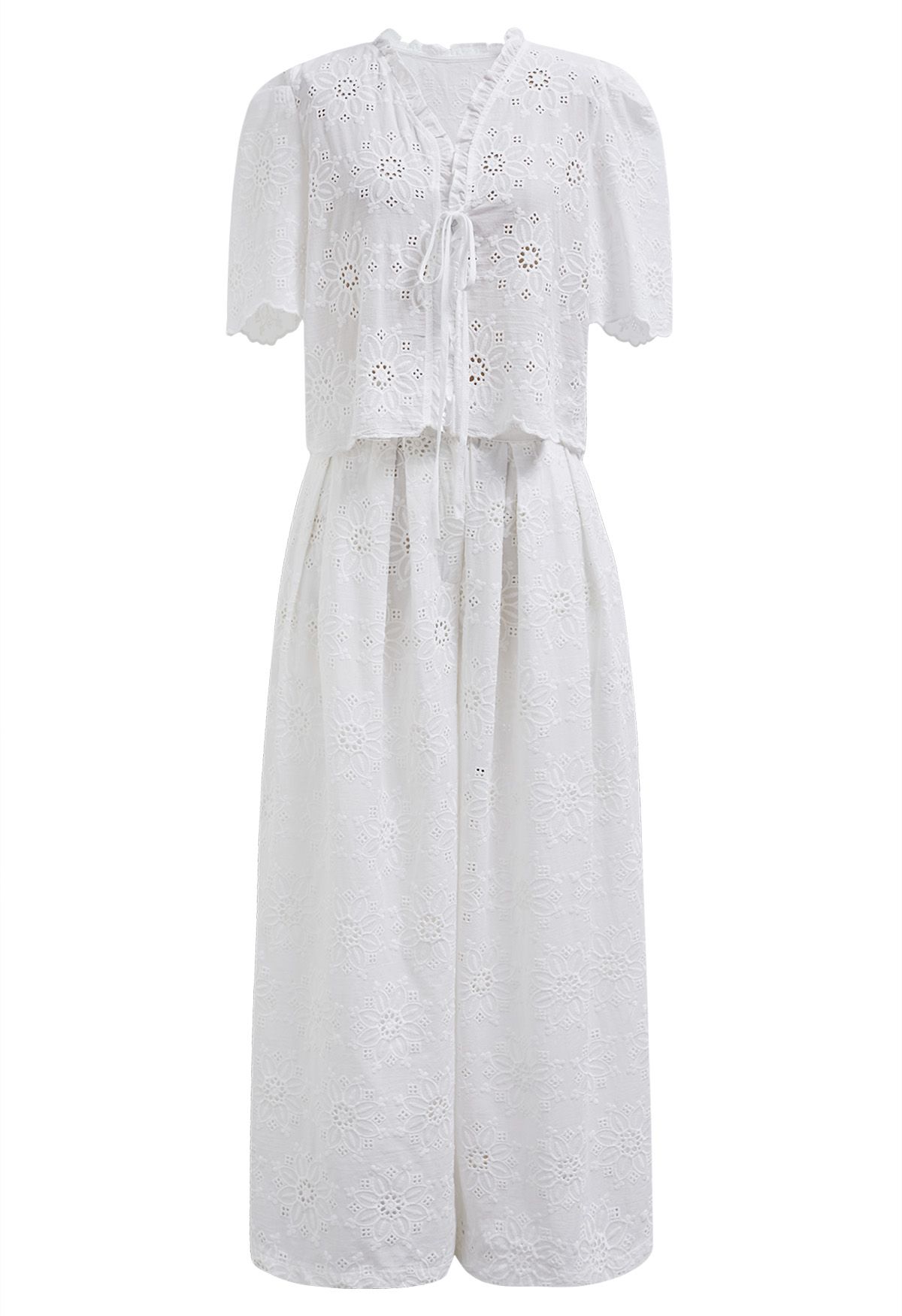 Sunflower Eyelet Embroidered Puff Sleeve Top and Pants Set in White