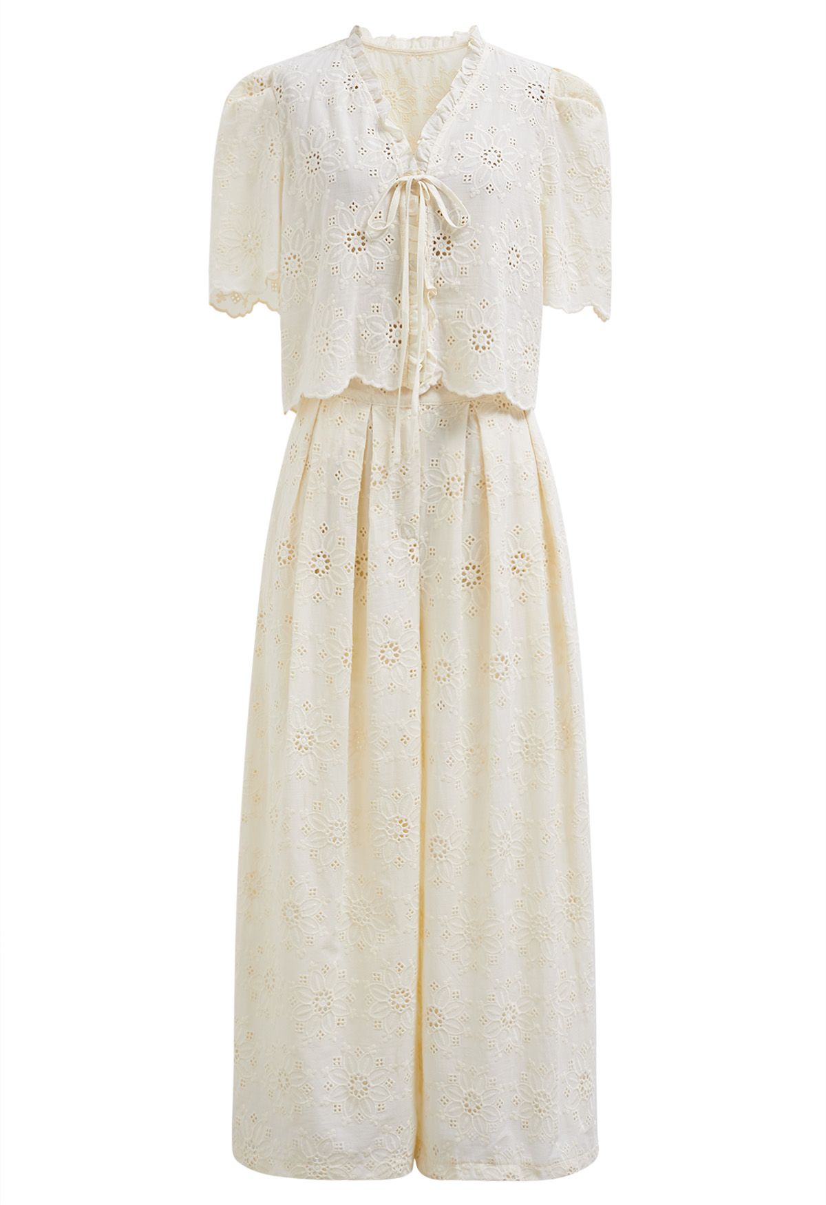 Sunflower Eyelet Embroidered Puff Sleeve Top and Pants Set in Cream