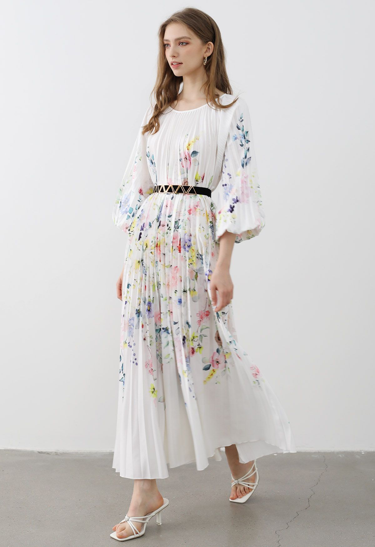 Blossoming Day Watercolor Pleated Maxi Dress in White