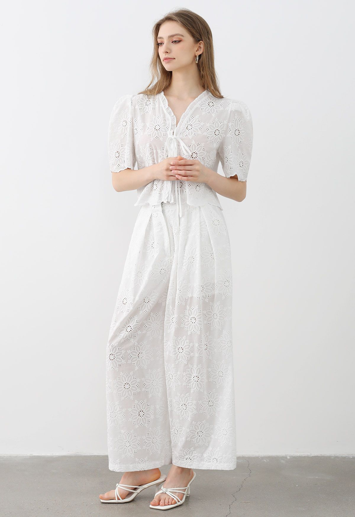 Sunflower Eyelet Embroidered Puff Sleeve Top and Pants Set in White