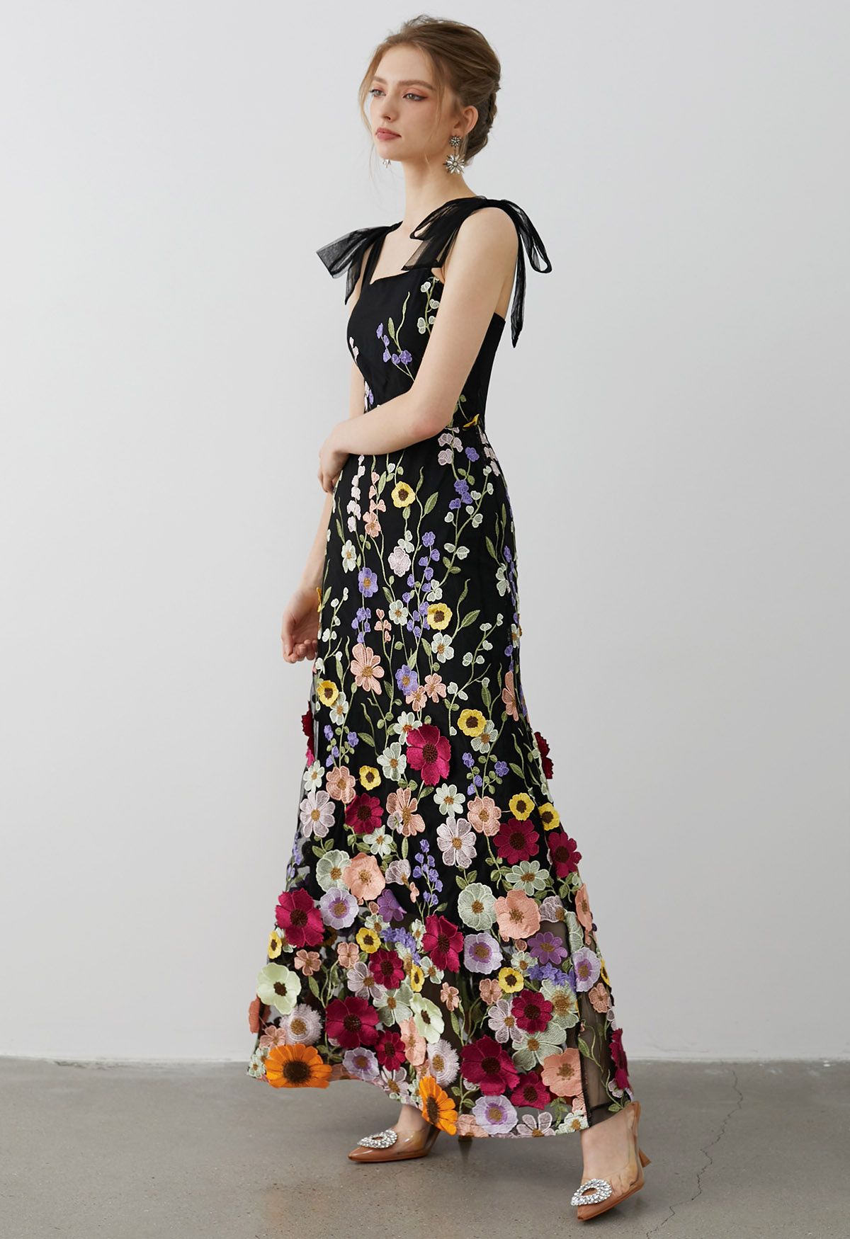 3D Floral Applique Tie-Strap Mesh Tulle Maxi Dress in Black