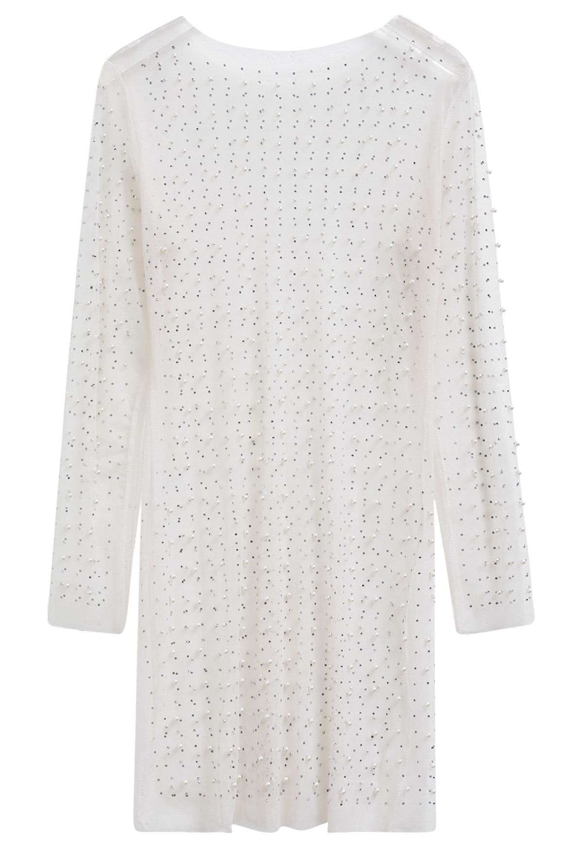 Full Pearl Embellished Sheer Mesh Cover-Up Dress in White