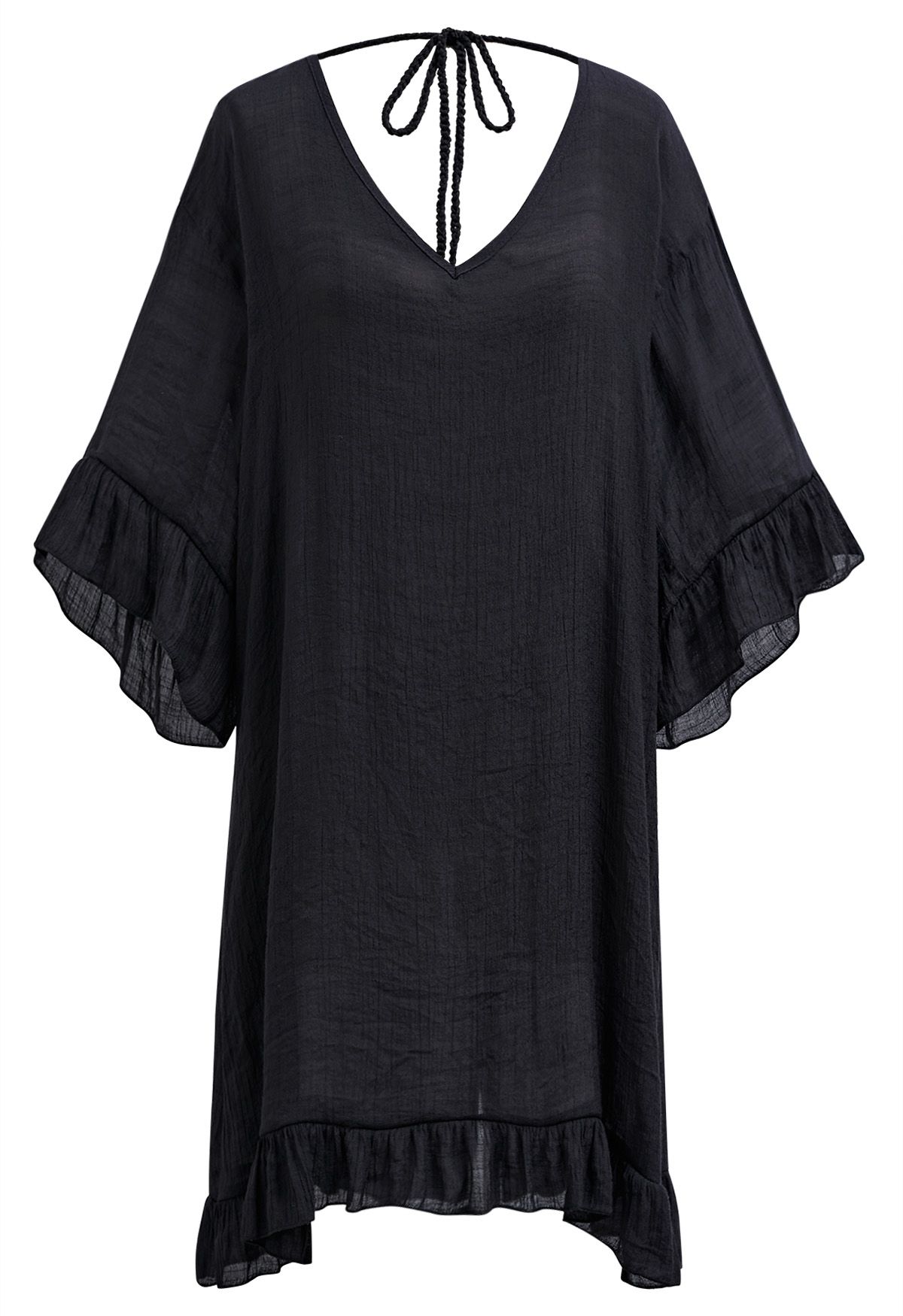 Butterfly Crochet Backless Cover-Up Dress in Black