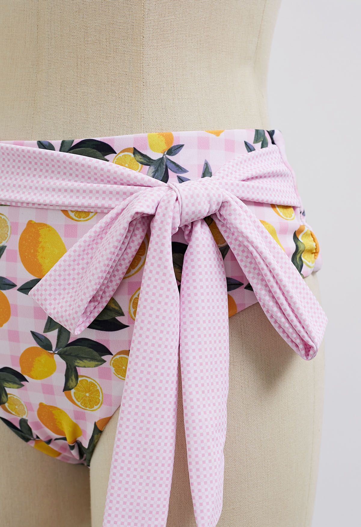 Bowknot Lemon Print Gingham Pattern Bikini Set