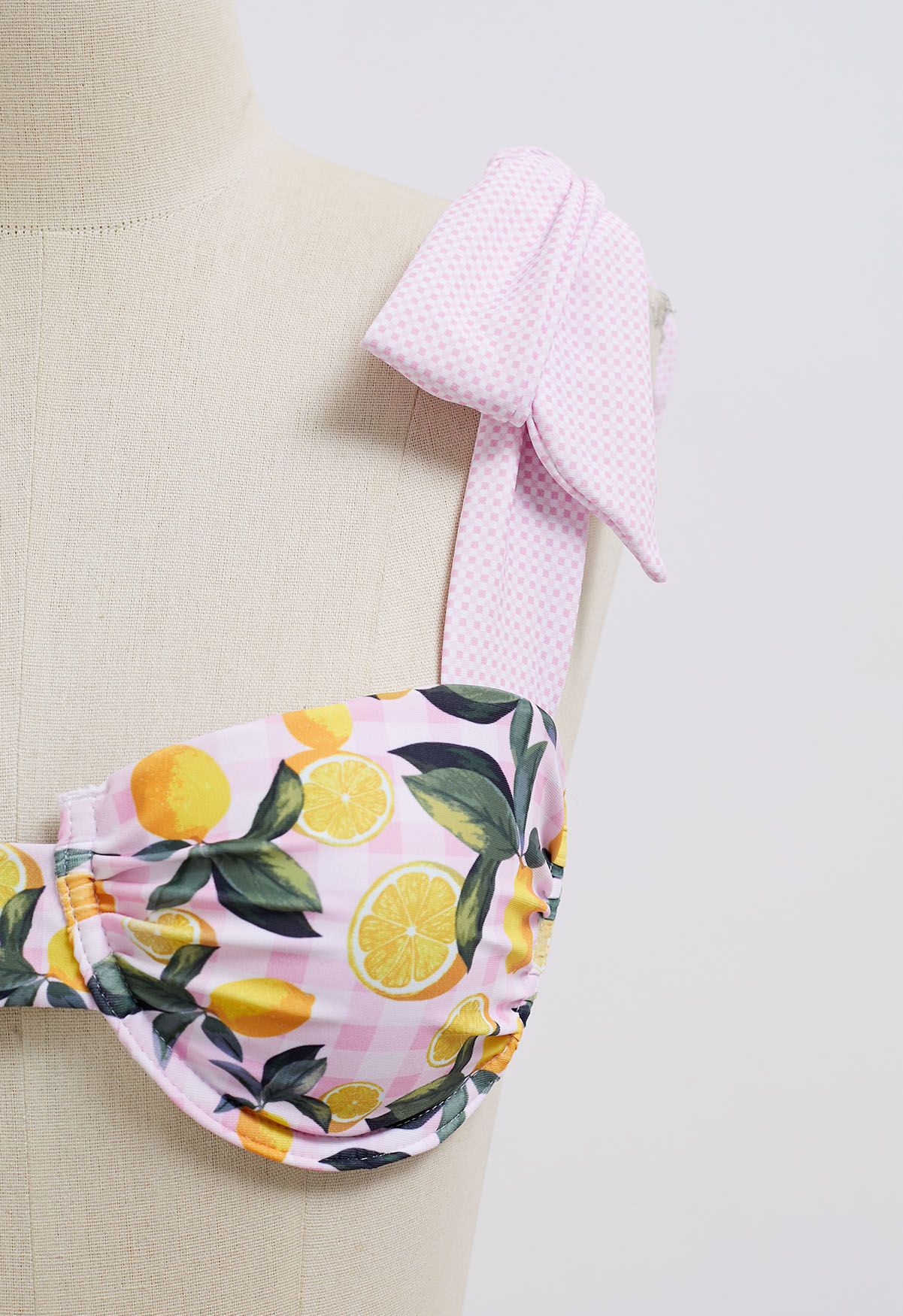 Bowknot Lemon Print Gingham Pattern Bikini Set