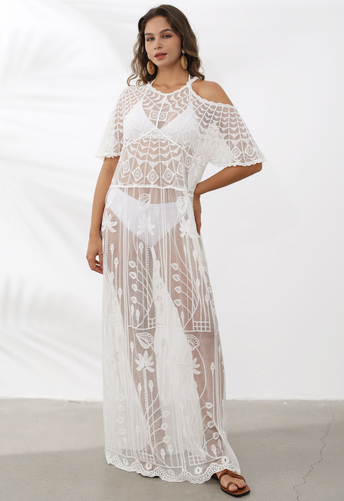 Embroidered Lace Cutout Shoulder Cover-Up Dress