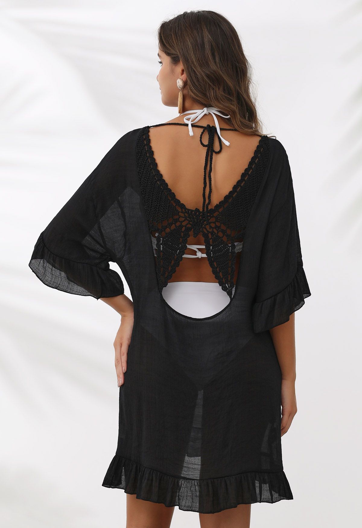 Butterfly Crochet Backless Cover-Up Dress in Black