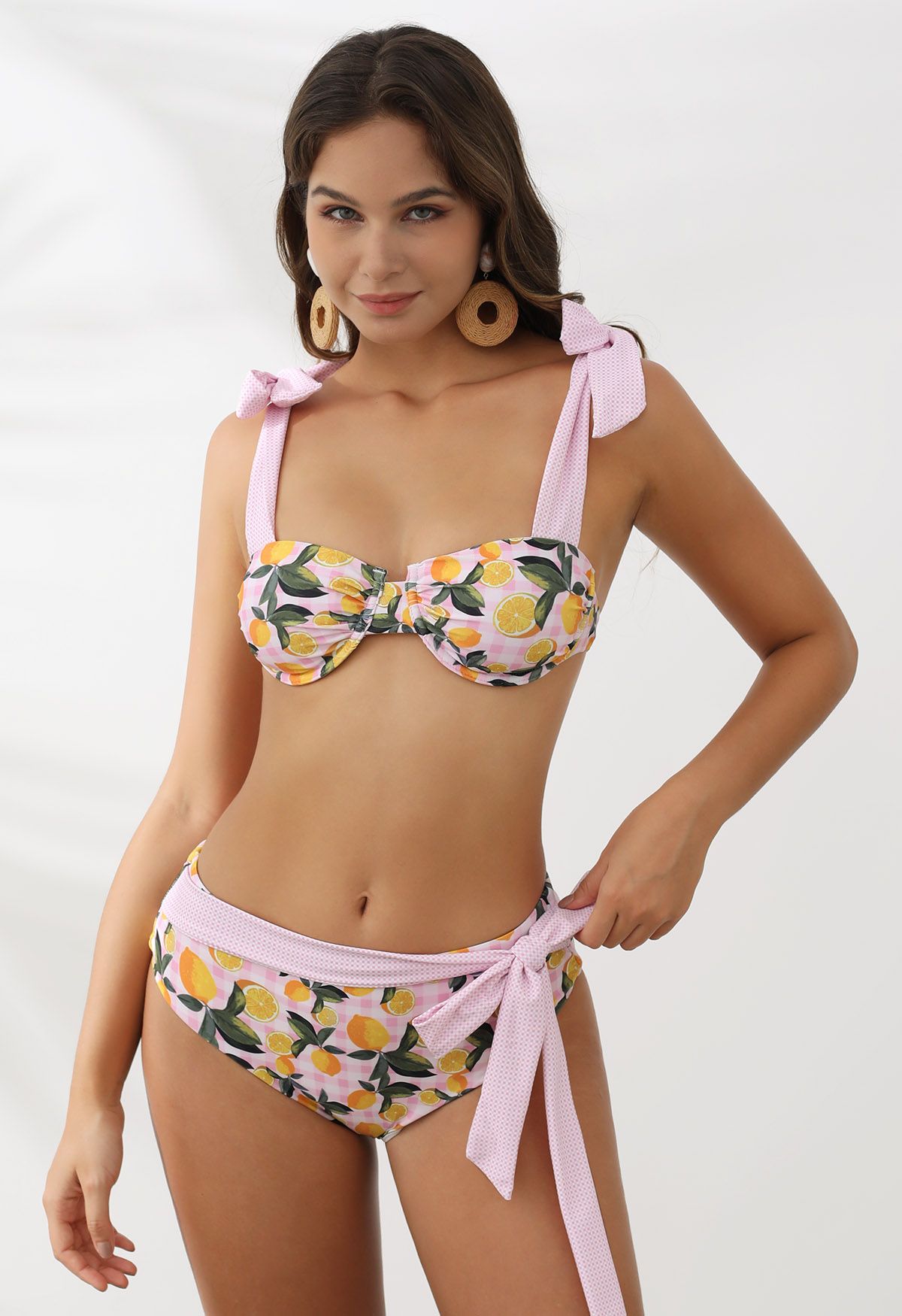 Bowknot Lemon Print Gingham Pattern Bikini Set