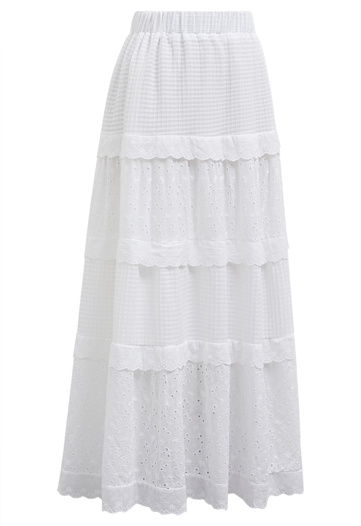 Eyelet Embroidery Ruffle Edge Cotton-Blend Skirt