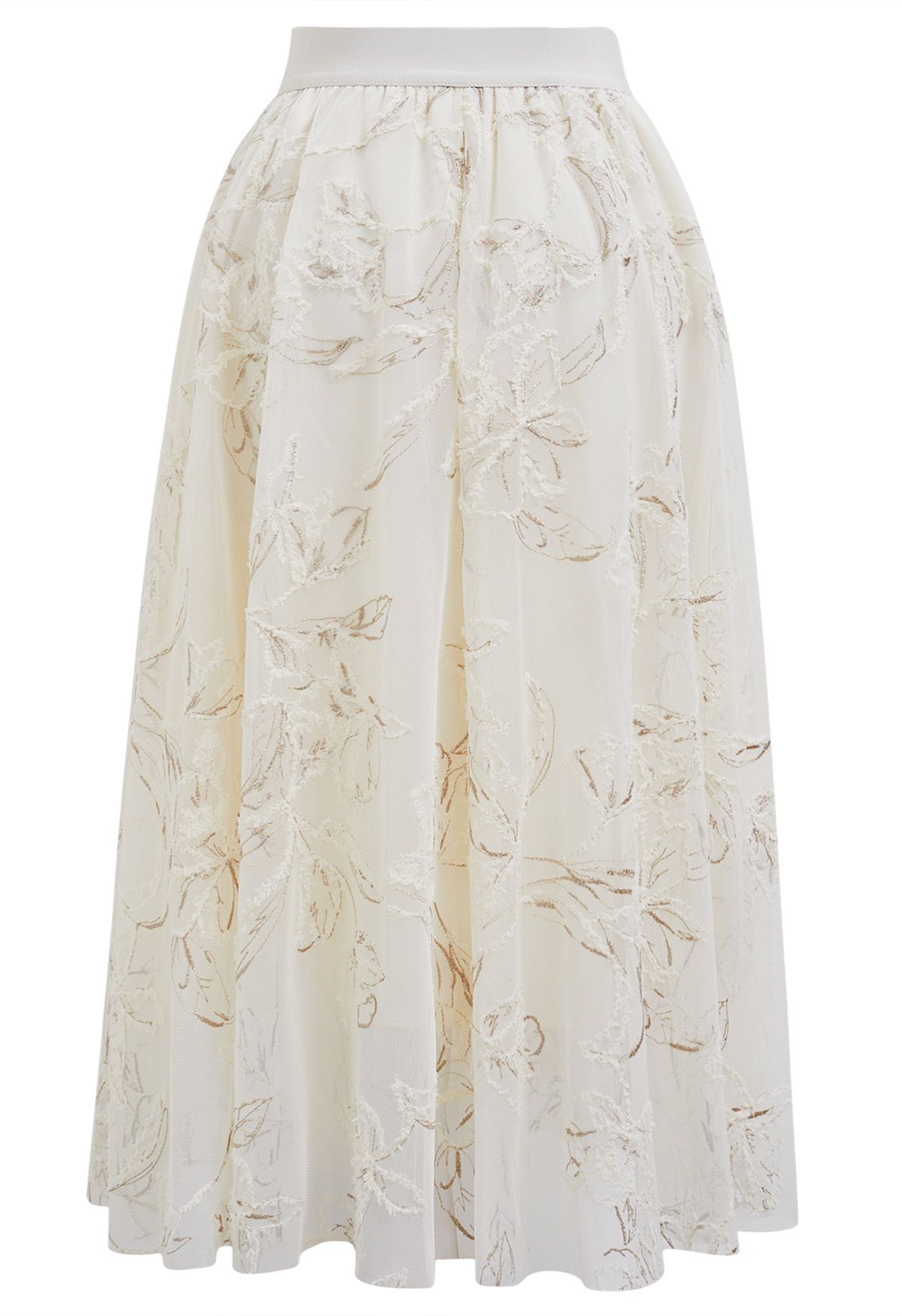 Metallic Thread Fuzzy Floral Mesh Midi Skirt in Cream