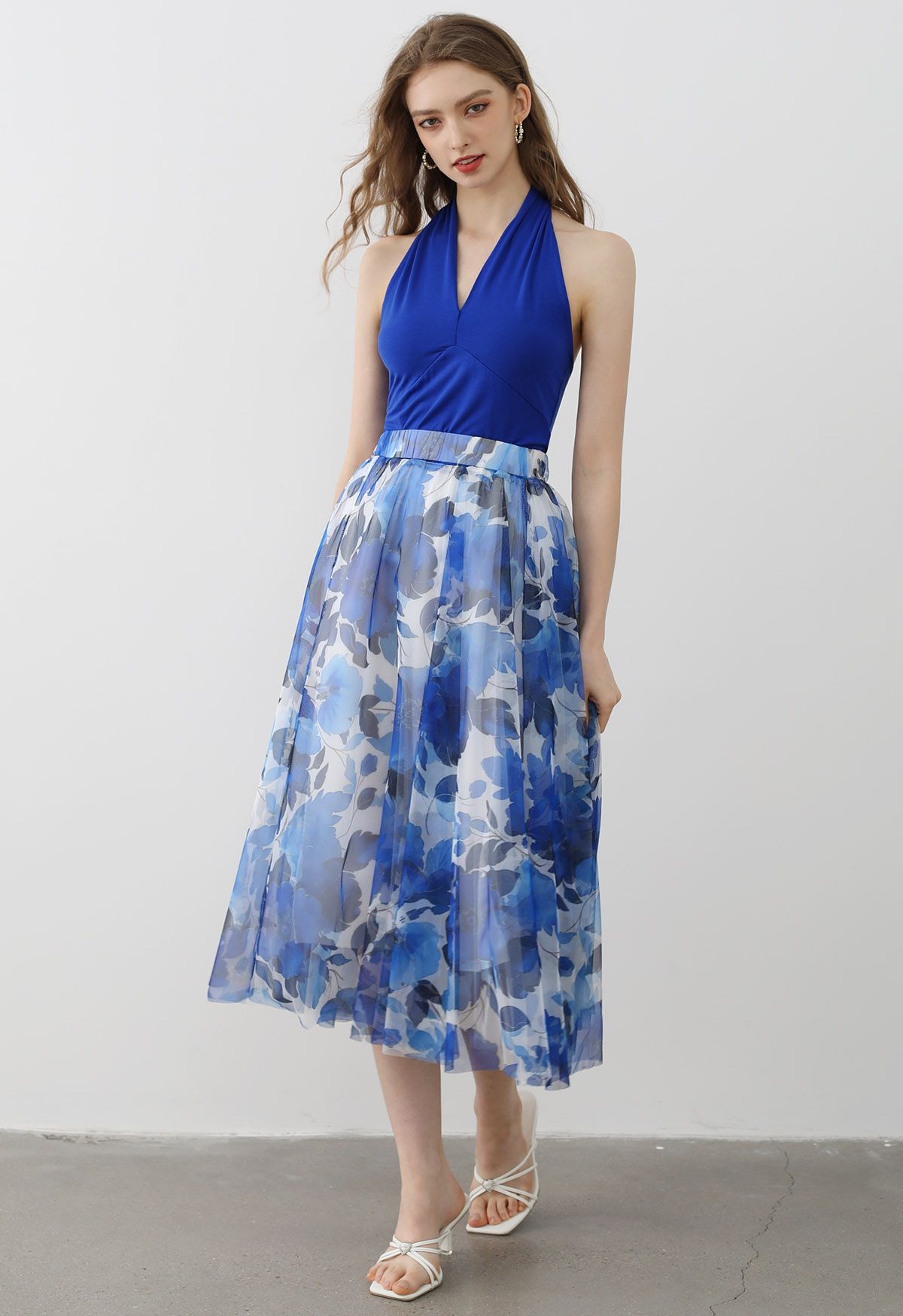 Dancing in Flowers Blue Watercolor Mesh Tulle Skirt 