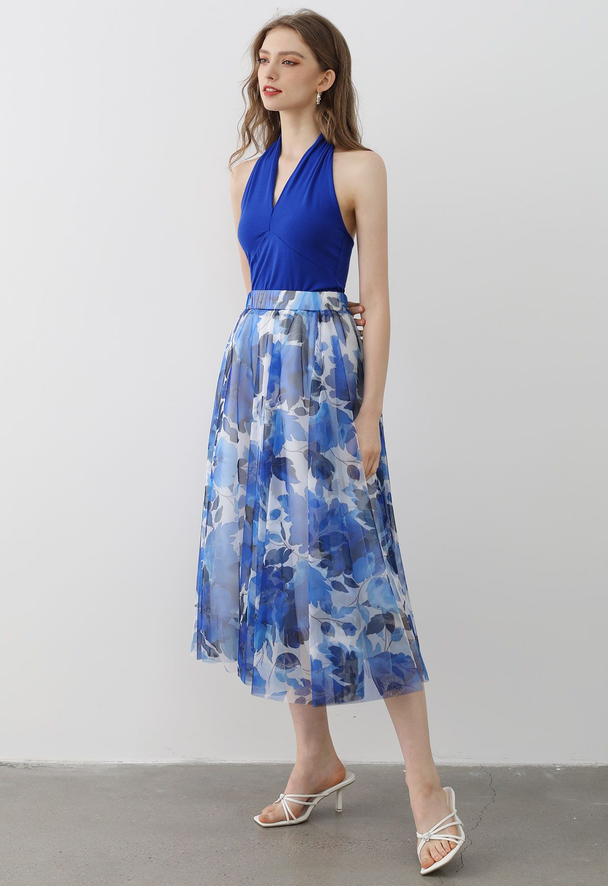 Dancing in Flowers Blue Watercolor Mesh Tulle Skirt 