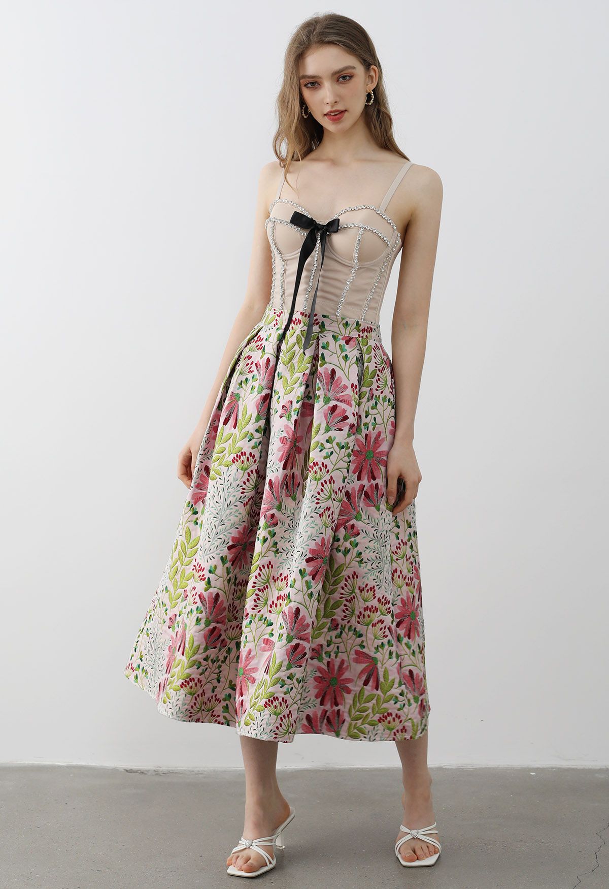 Cheerful Daisy Field Jacquard Pleated Midi Skirt