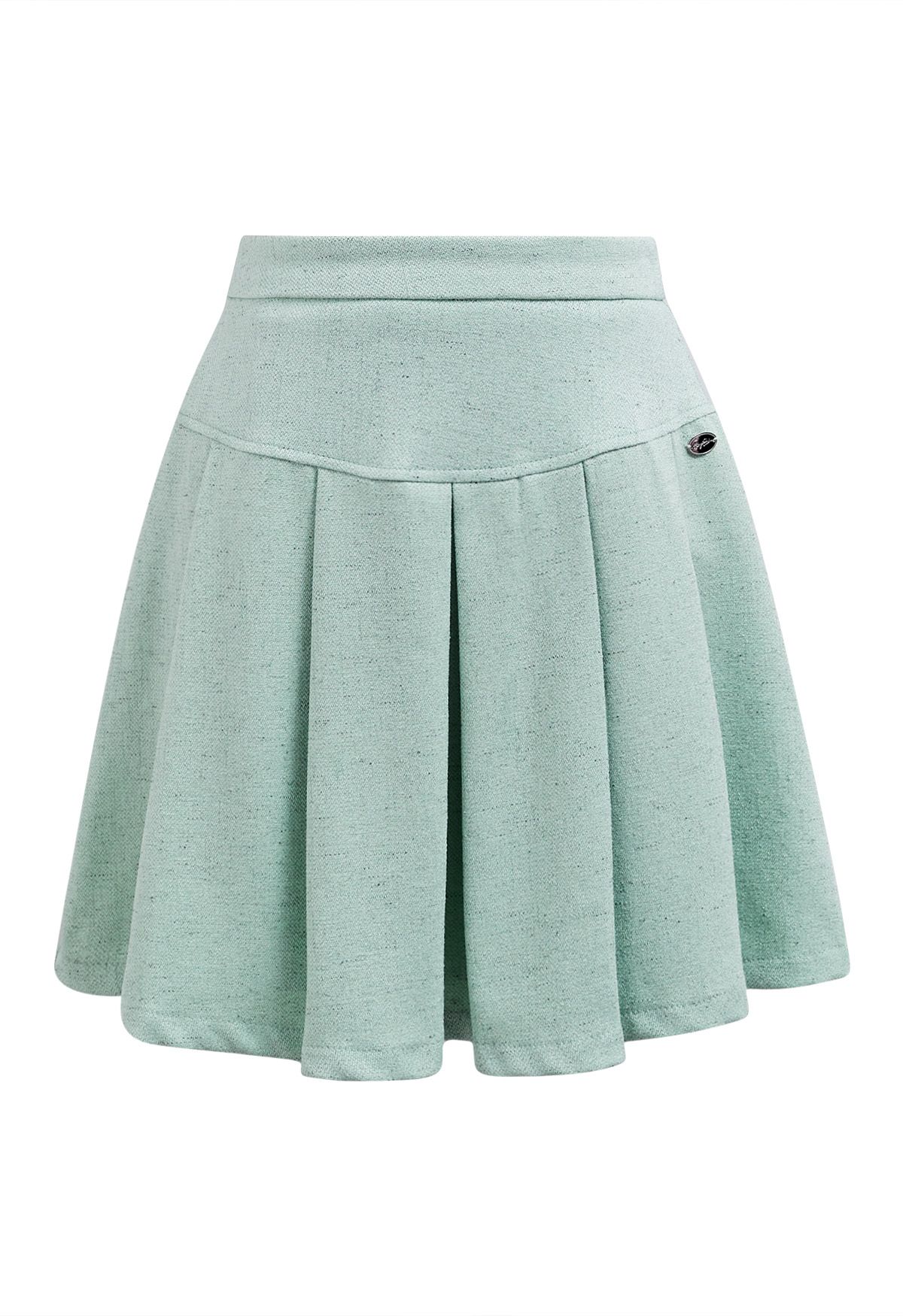 Chic Tweed Sleeveless Top and Pleated Mini Skirt Set in Mint