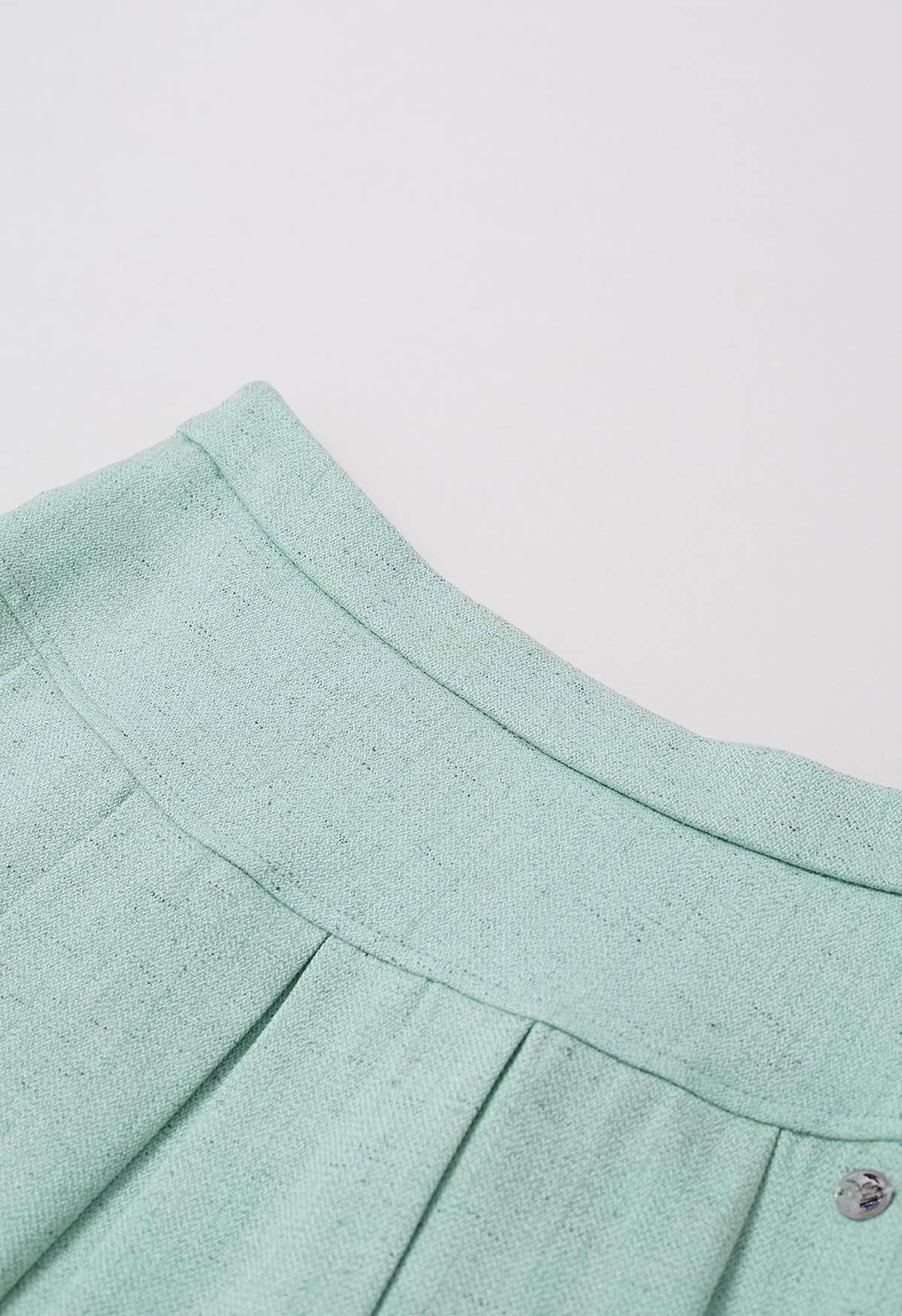 Chic Tweed Sleeveless Top and Pleated Mini Skirt Set in Mint