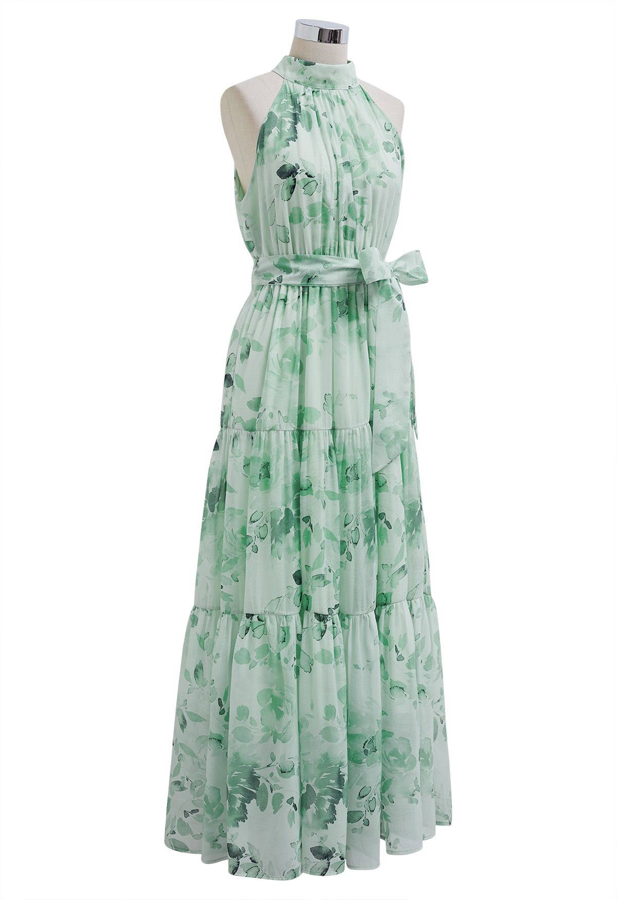 Floral Halter Neck Tie Waist Maxi Dress in Mint