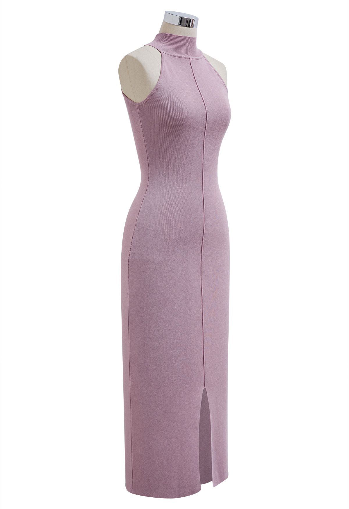 Seam Detailing Halter Bodycon Knit Dress in Pink