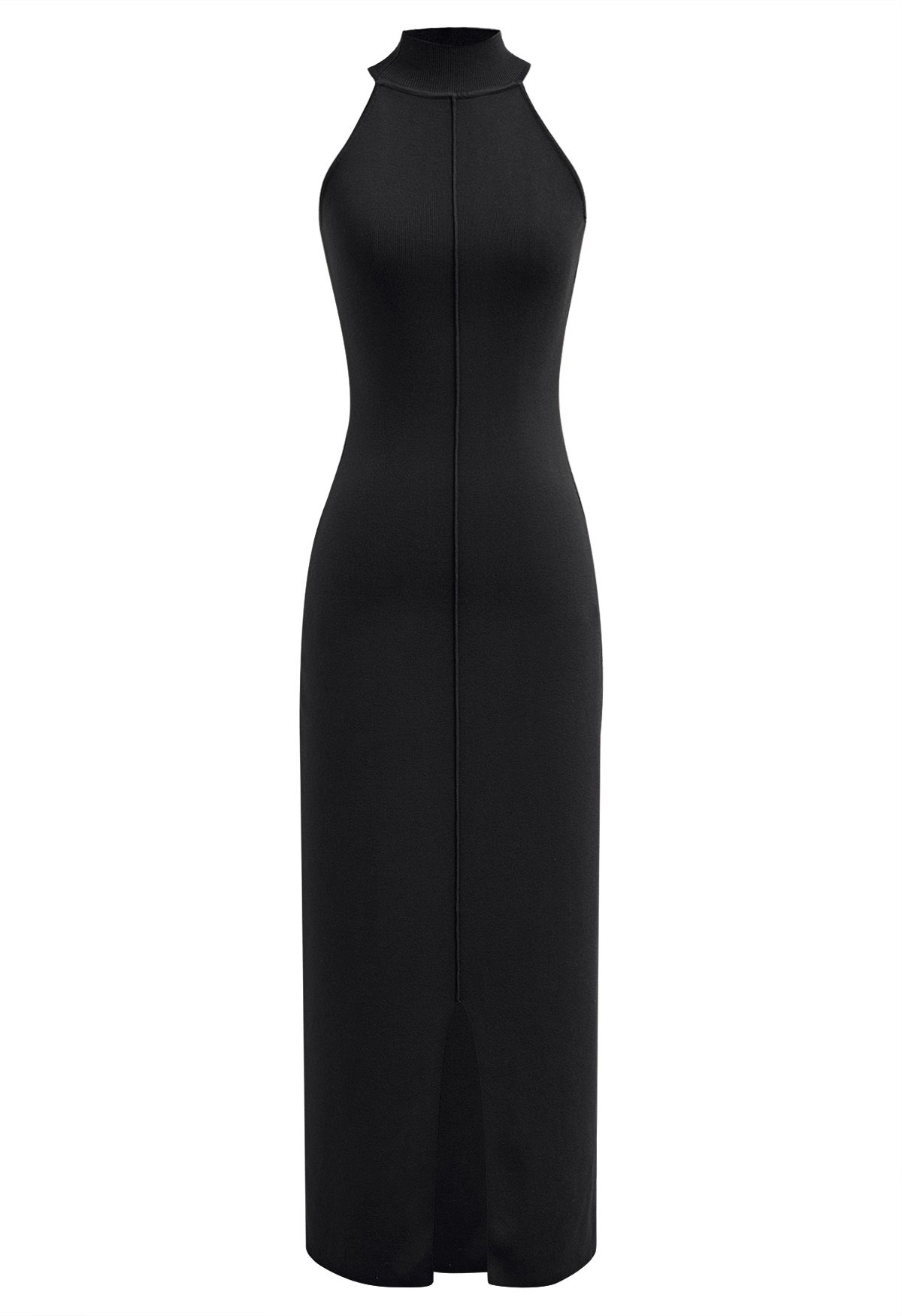 Seam Detailing Halter Bodycon Knit Dress in Black