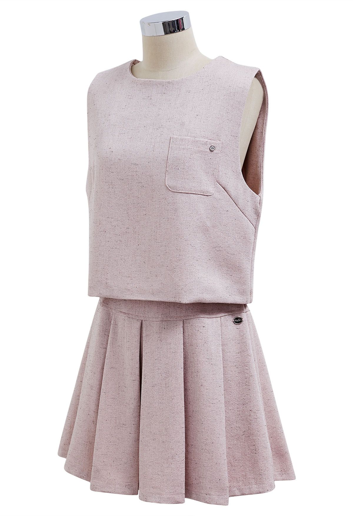 Chic Tweed Sleeveless Top and Pleated Mini Skirt Set in Pink