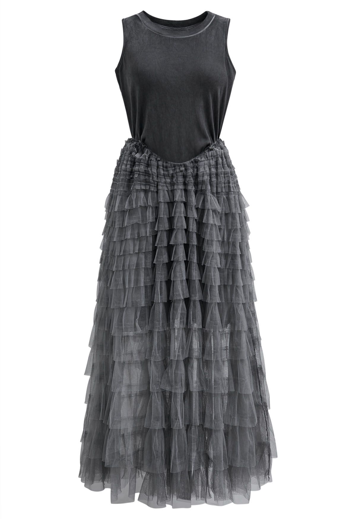 Tiered Mesh Spliced Sleeveless Maxi Dress in Smoke