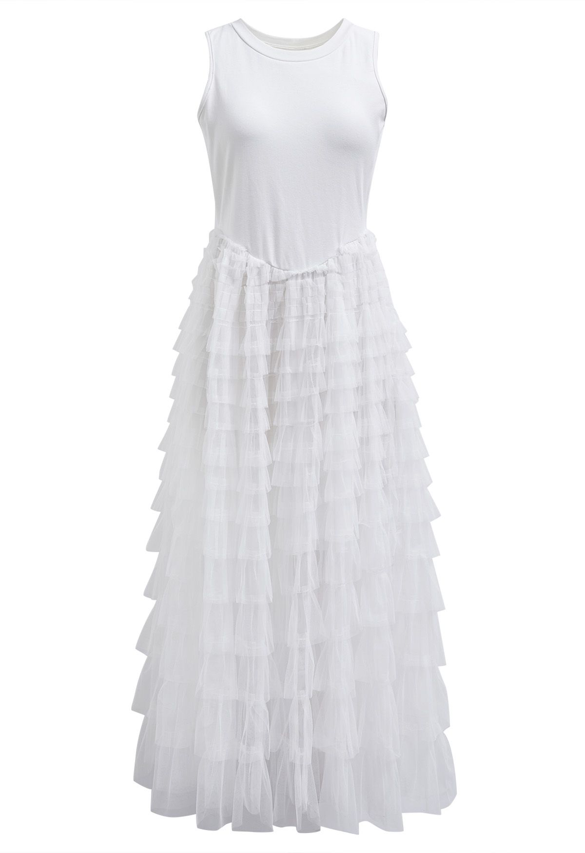 Tiered Mesh Spliced Sleeveless Maxi Dress in White