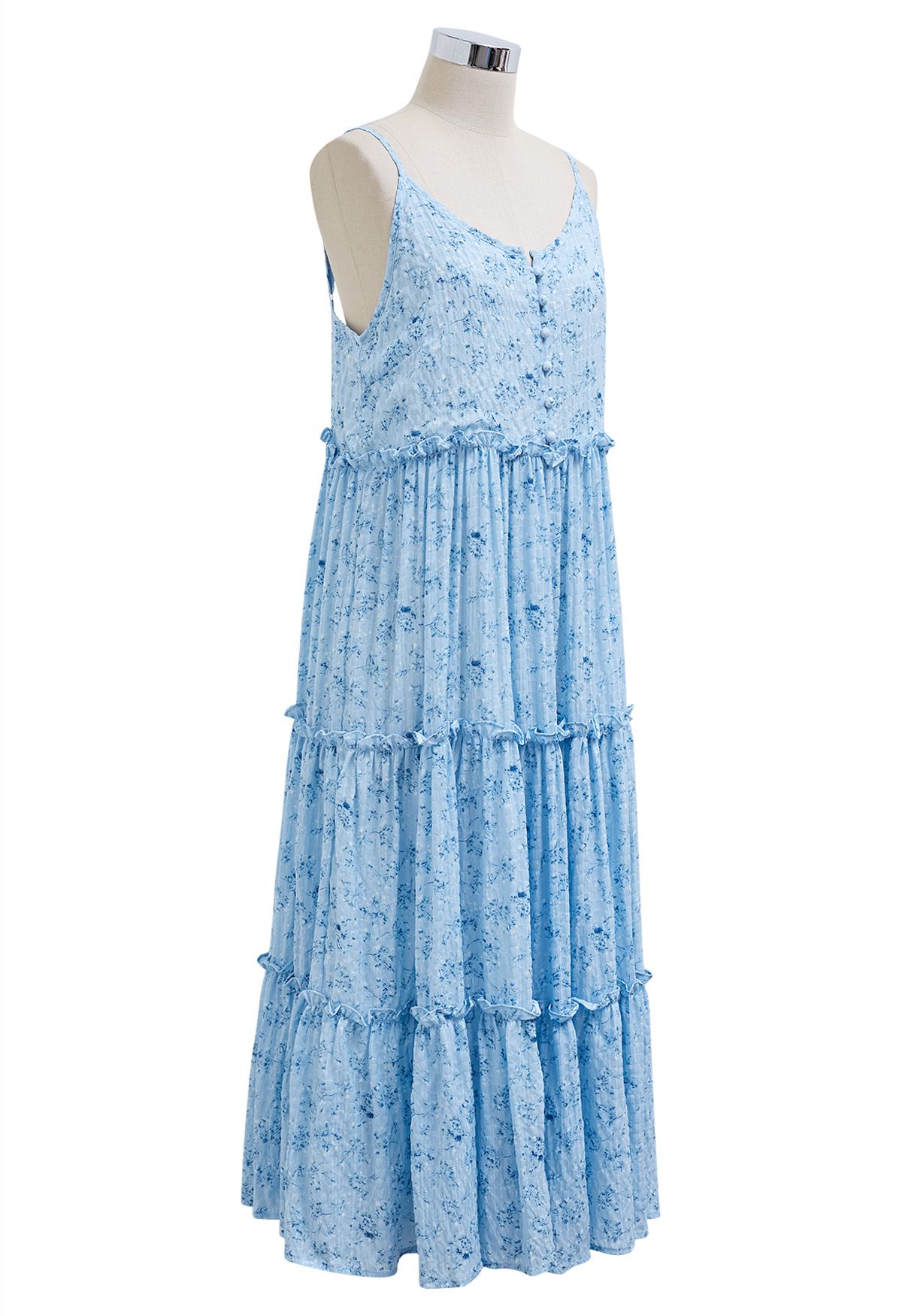 Floral Front Buttoned Ruffled Trim Cami Midi Dress in Blue