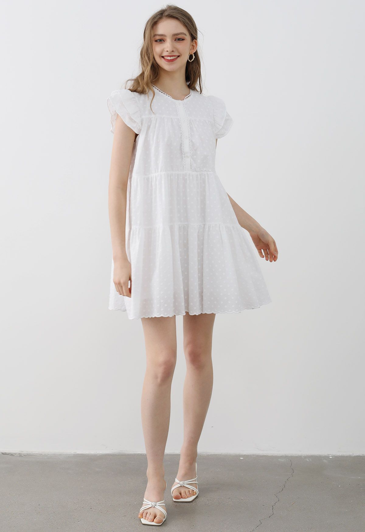 Lovely Floret Embroidered Dolly Mini Dress in White