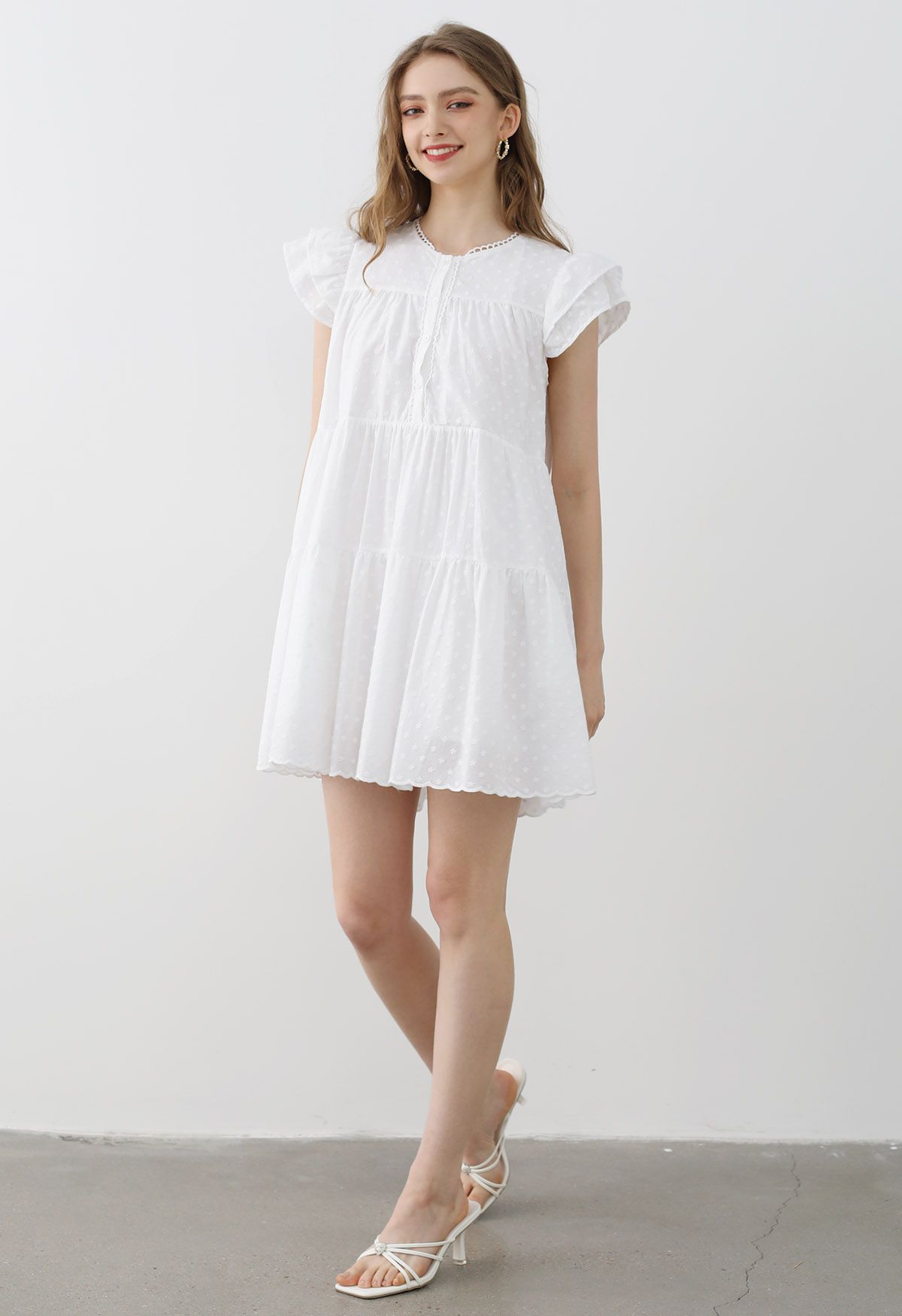 Lovely Floret Embroidered Dolly Mini Dress in White