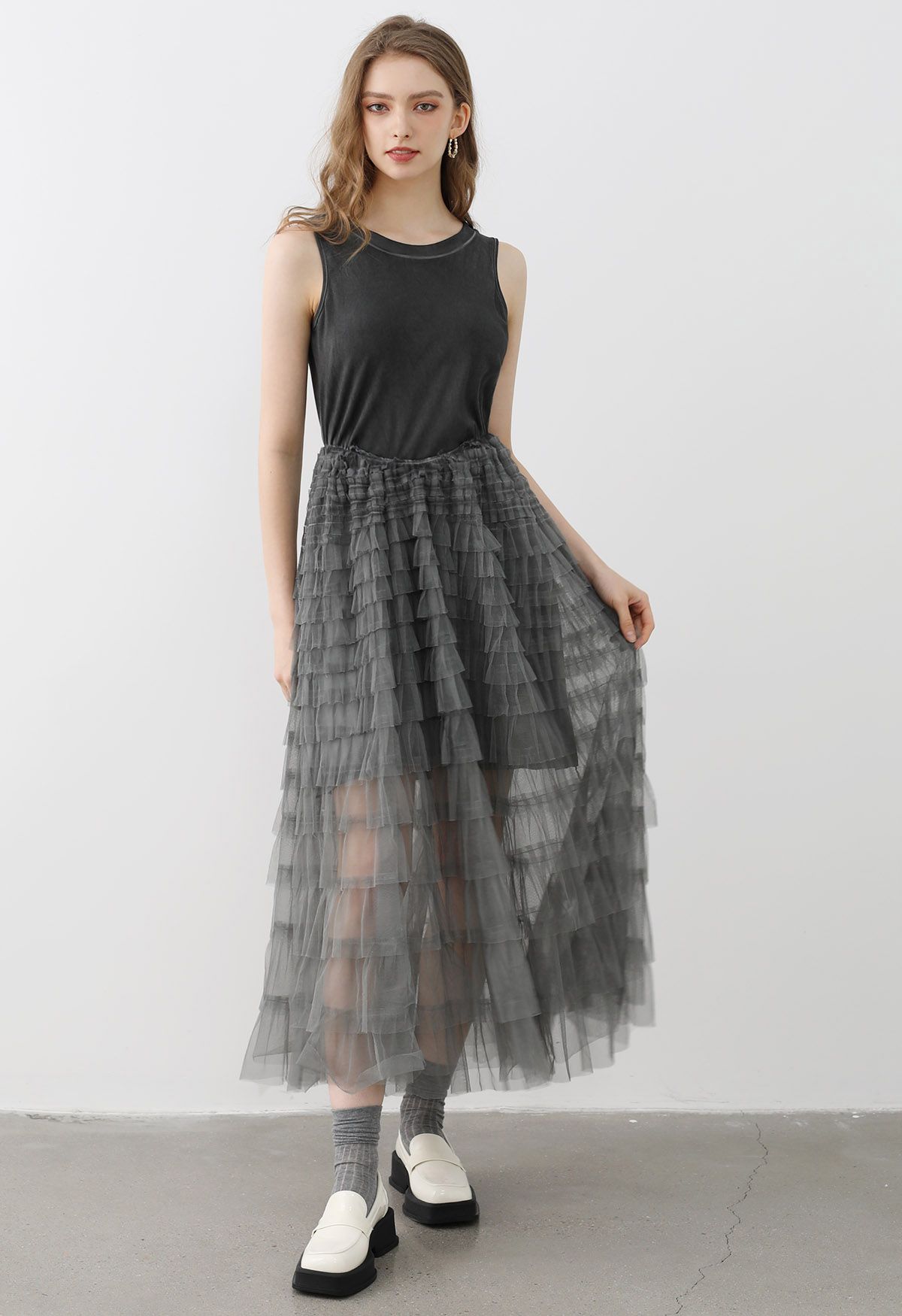 Tiered Mesh Spliced Sleeveless Maxi Dress in Smoke