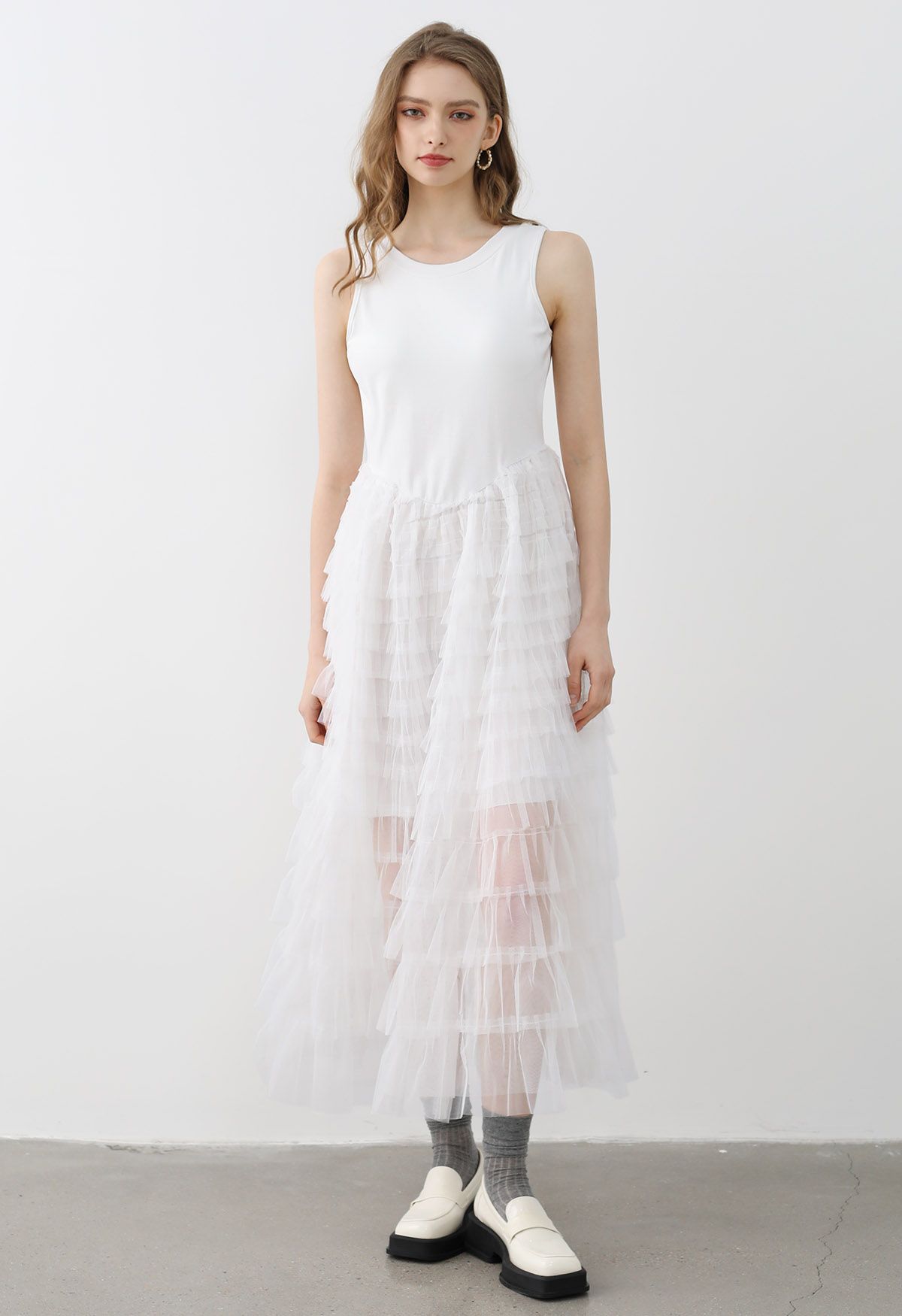 Tiered Mesh Spliced Sleeveless Maxi Dress in White