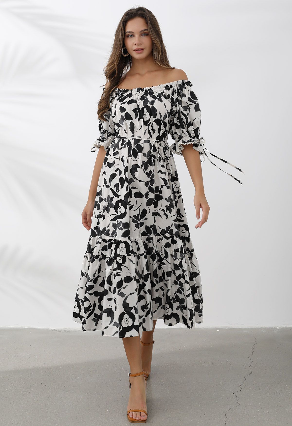 Off-Shoulder Frilling Cotton Dress in Black Floral