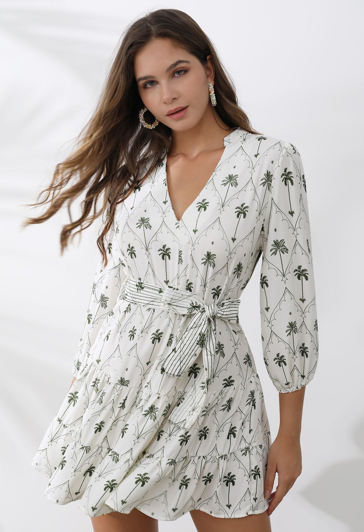 Palm Tree Print V-Neck Mini Dress