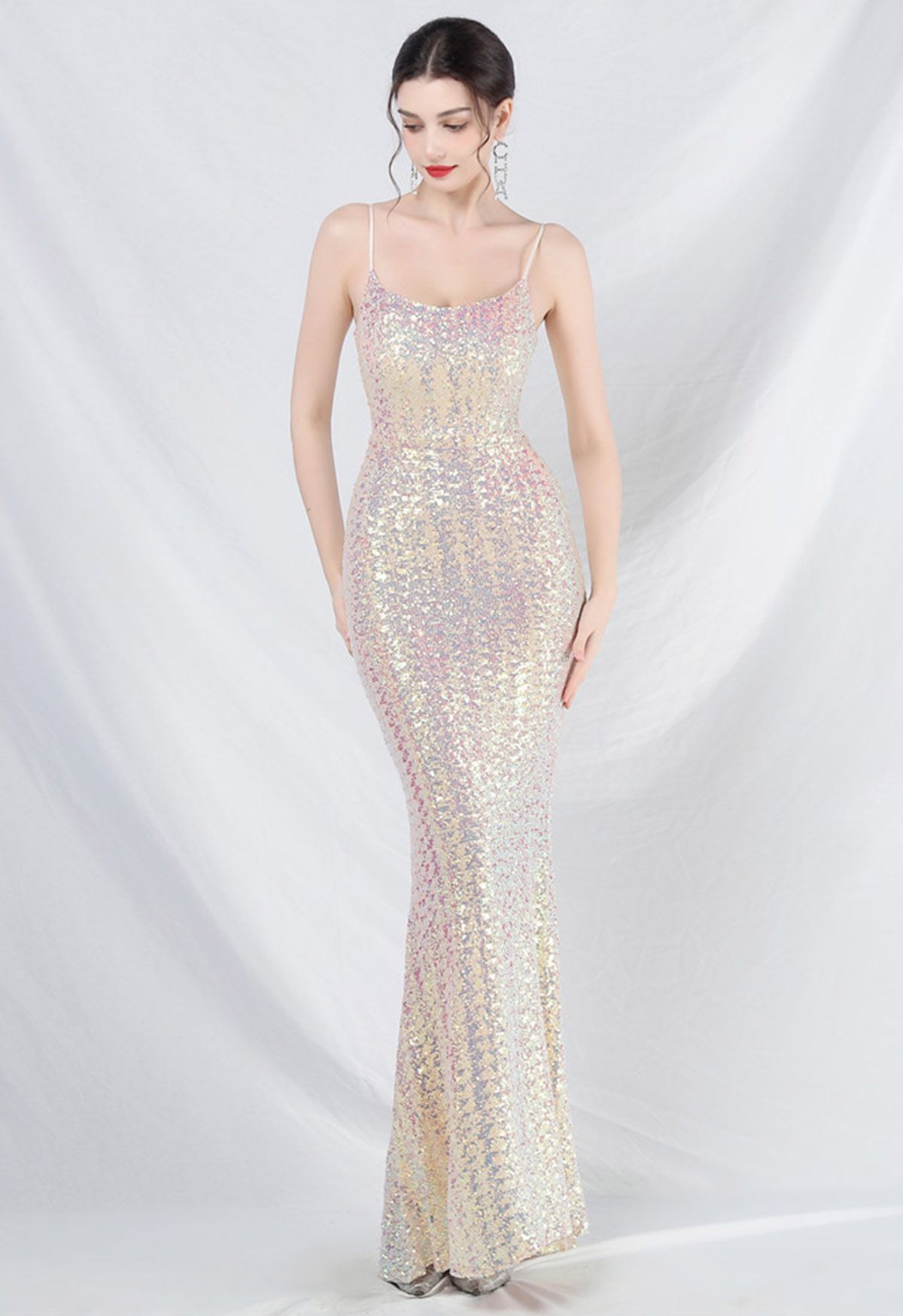 Fairytale Sequin Mermaid Cami Gown in Apricot