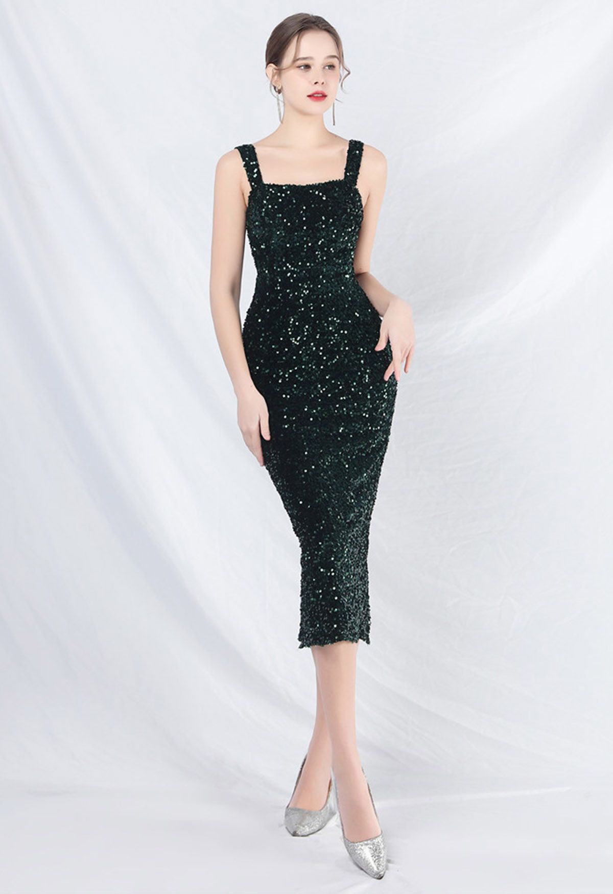 Glitzy Sequin Split Velvet Cami Gown in Dark Green