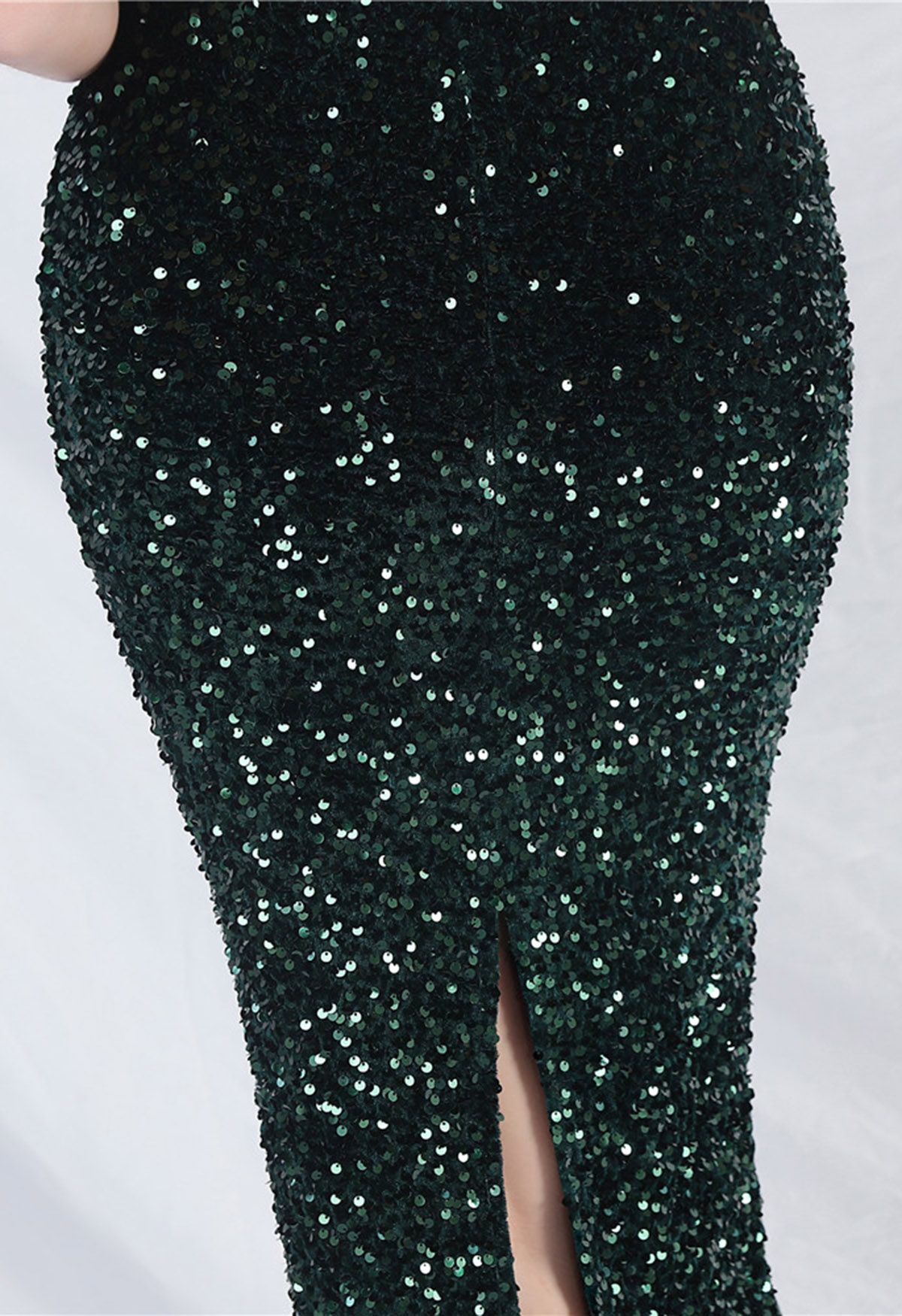 Glitzy Sequin Split Velvet Cami Gown in Dark Green