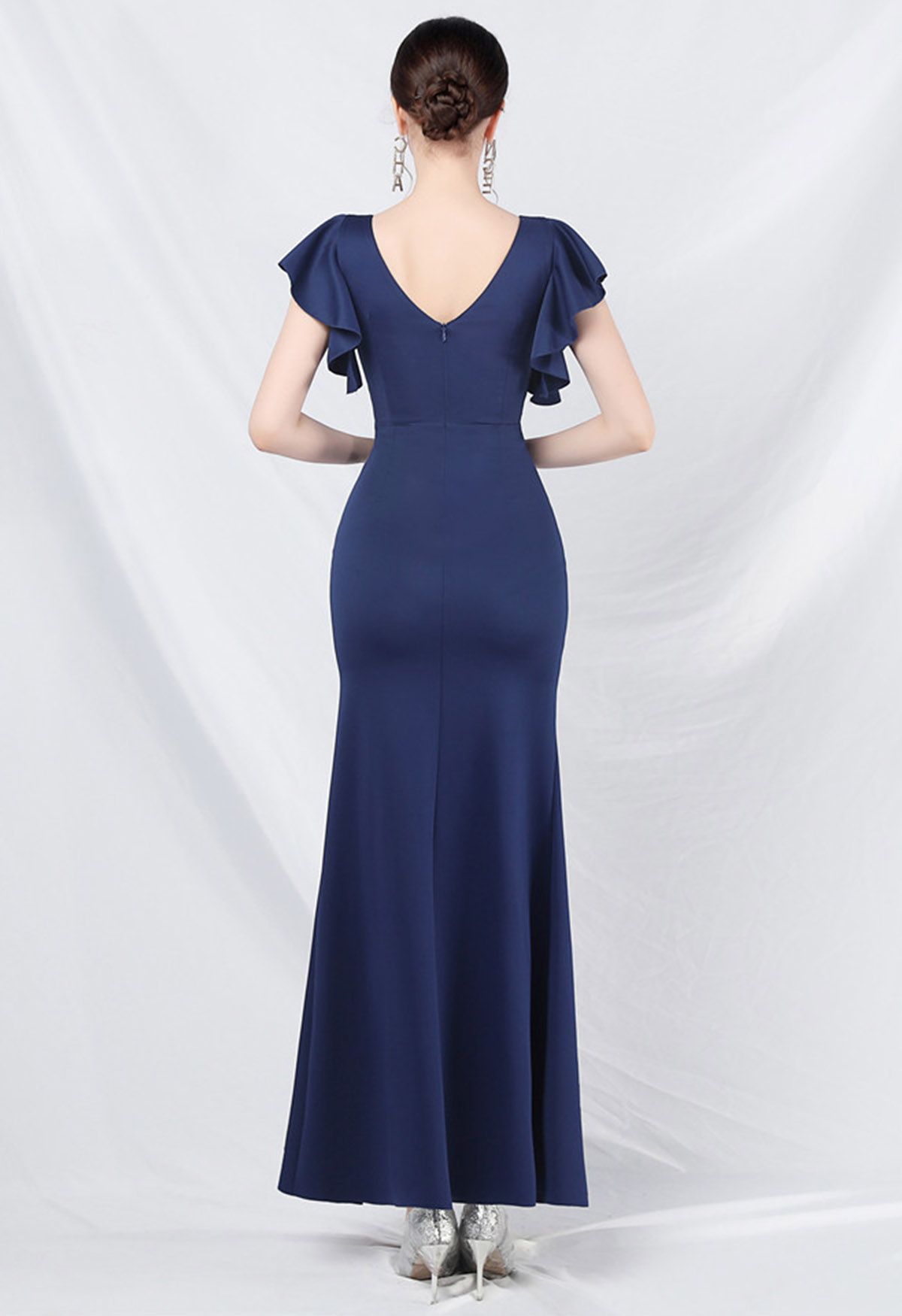 Glamorous Ruffle Trim Slit Mermaid Gown in Navy