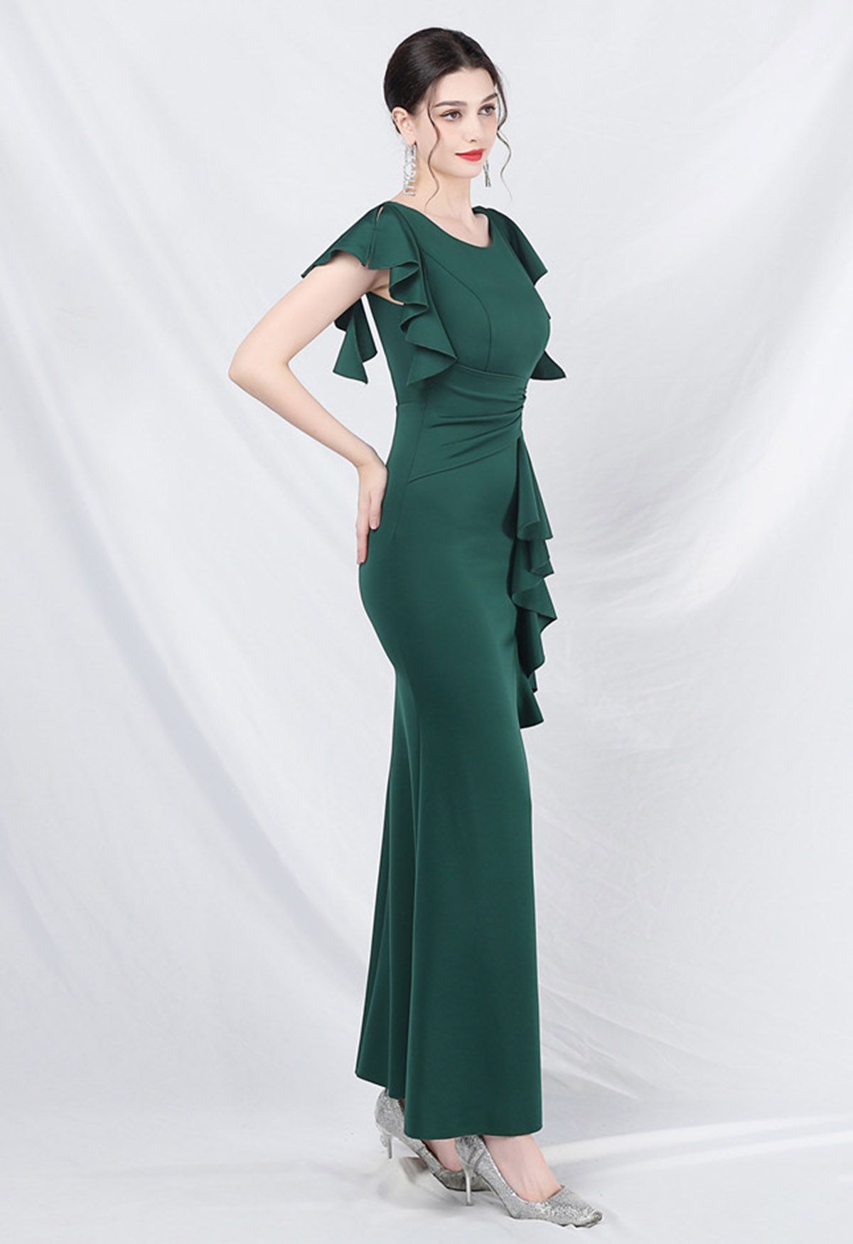 Glamorous Ruffle Trim Slit Mermaid Gown in Dark Green