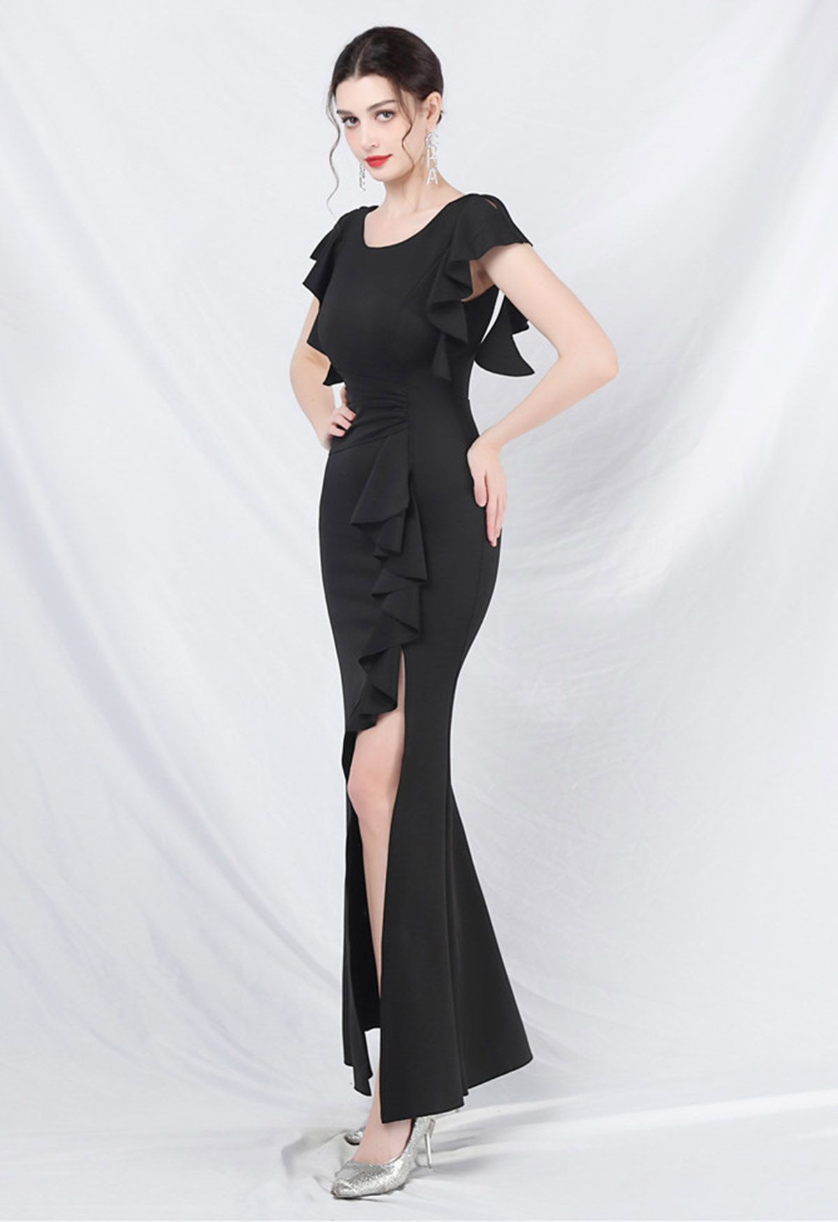 Glamorous Ruffle Trim Slit Mermaid Gown in Black