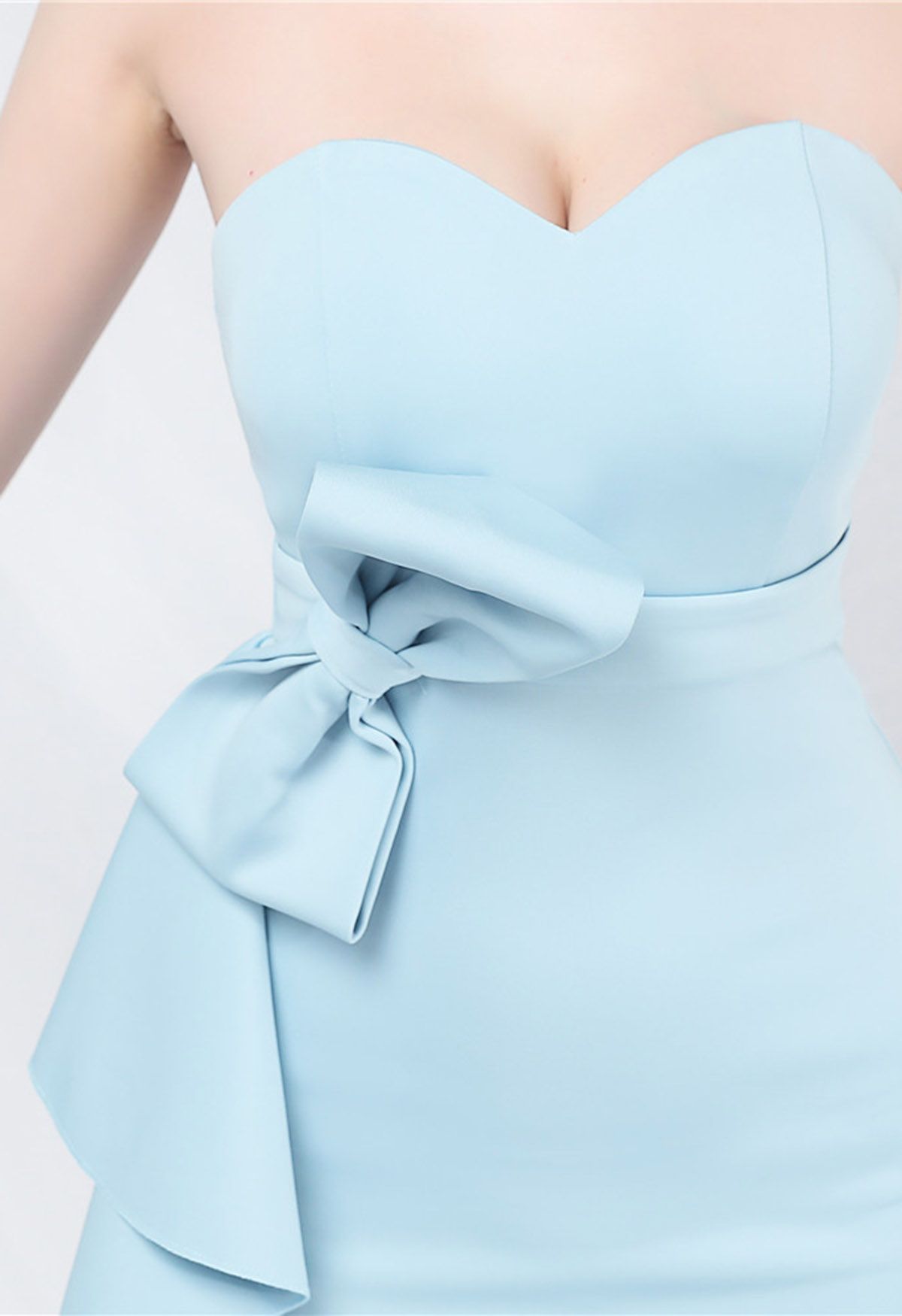 Strapless Bowknot Waist Ruffle Slit Gown in Baby Blue