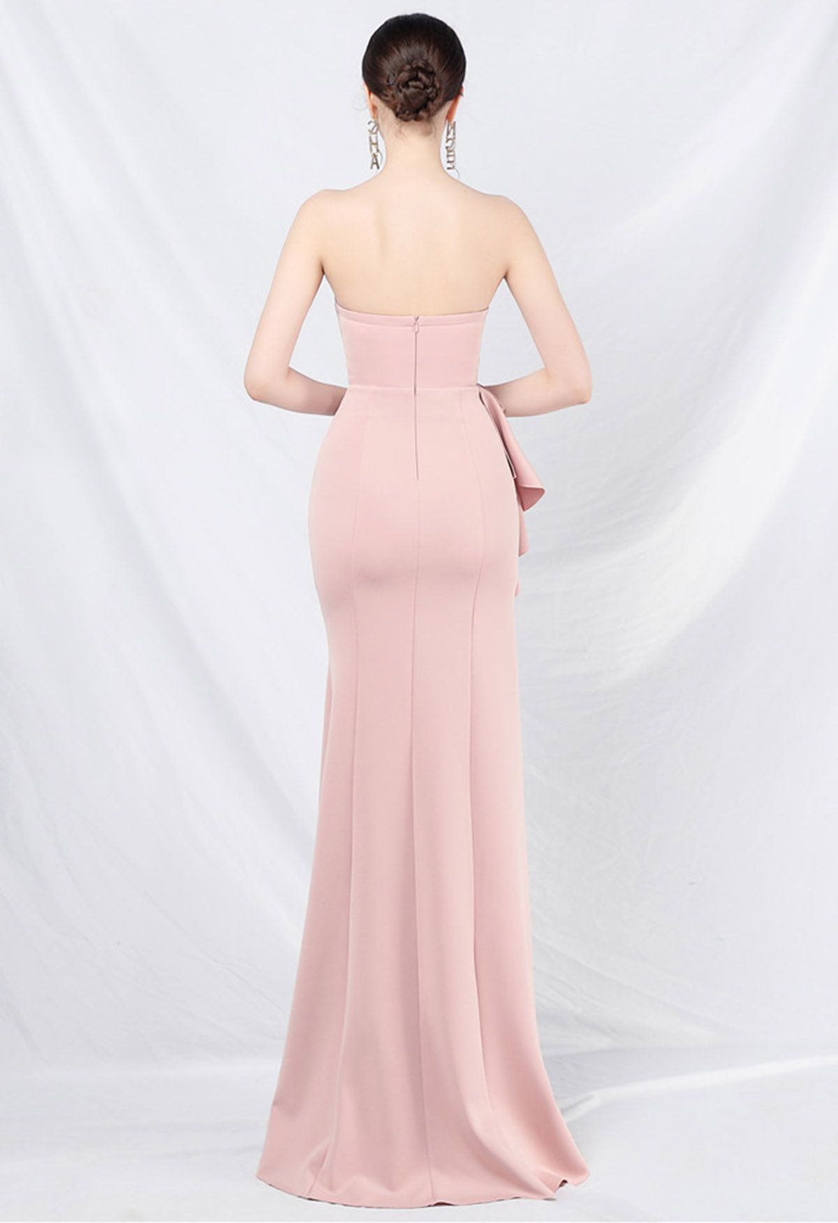 Strapless Bowknot Waist Ruffle Slit Gown in Pink