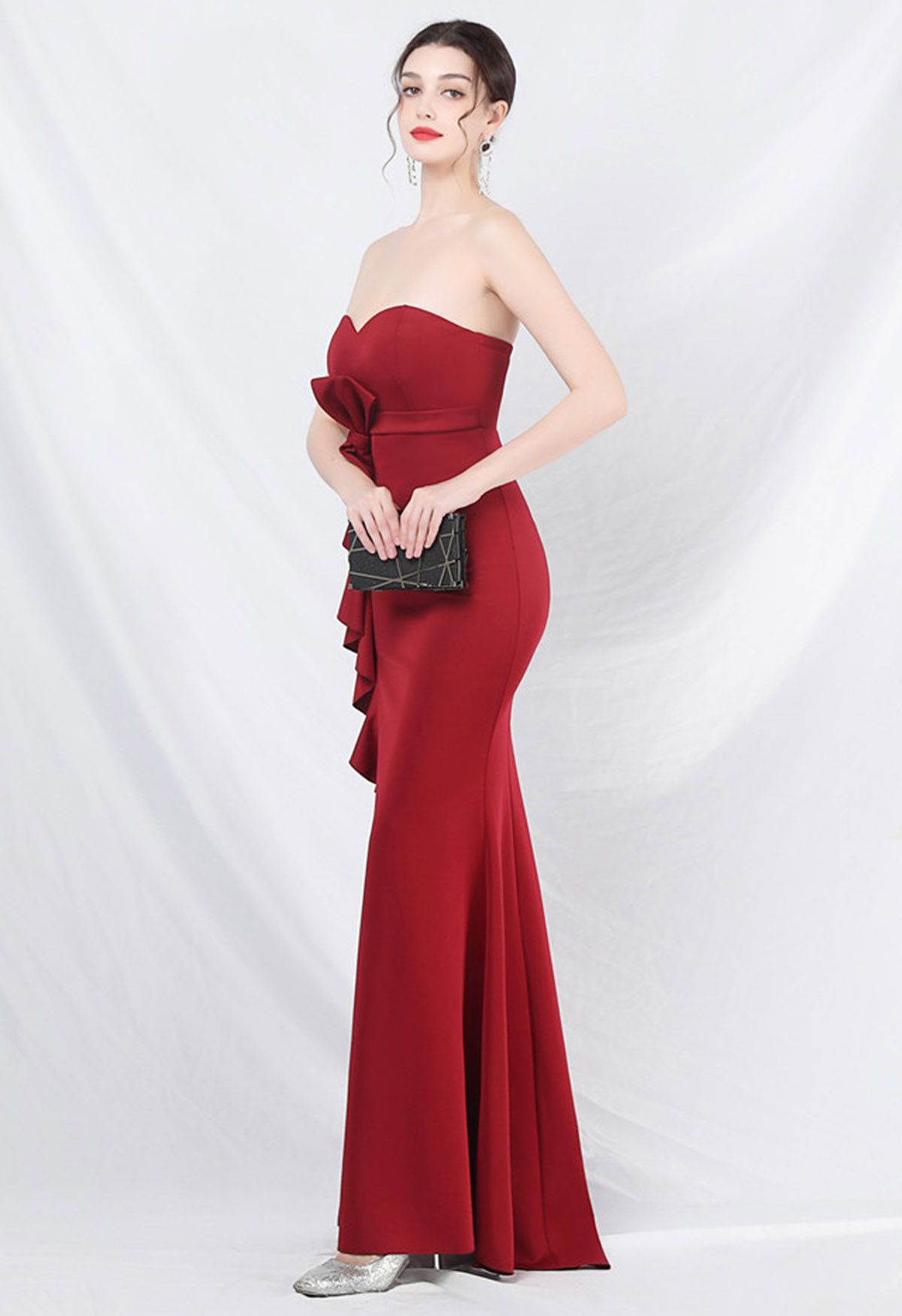 Strapless Bowknot Waist Ruffle Slit Gown in Red