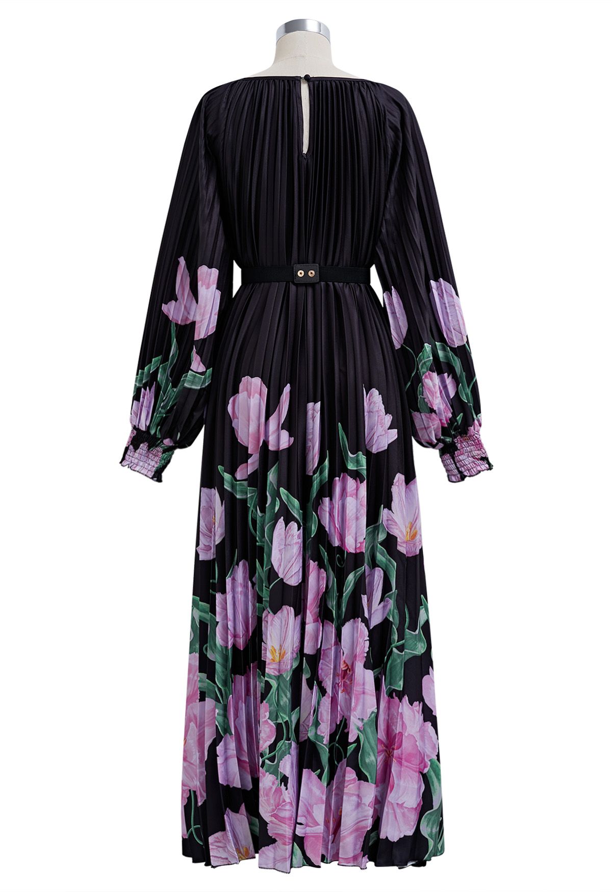 Blossoming Day Watercolor Pleated Maxi Dress in Black