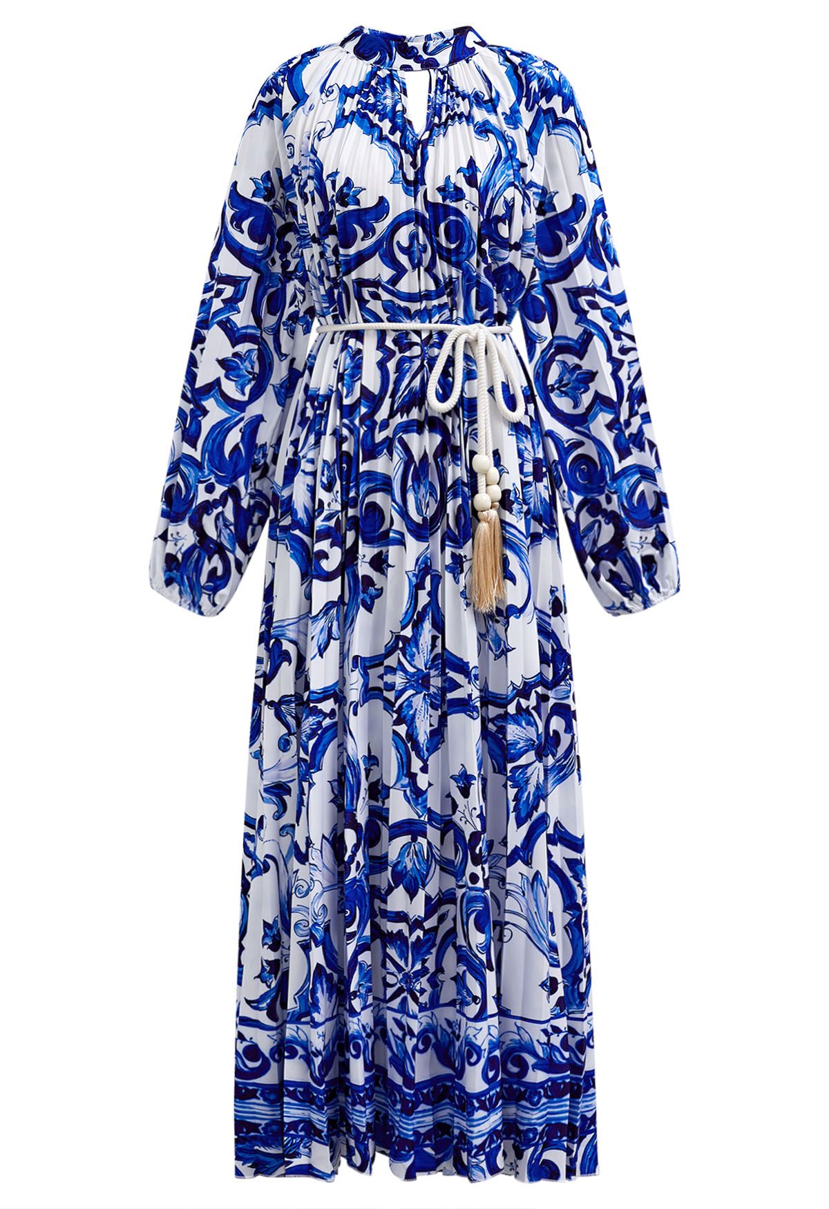 Blue Tile Accordion Pleated Cutout Maxi Dress