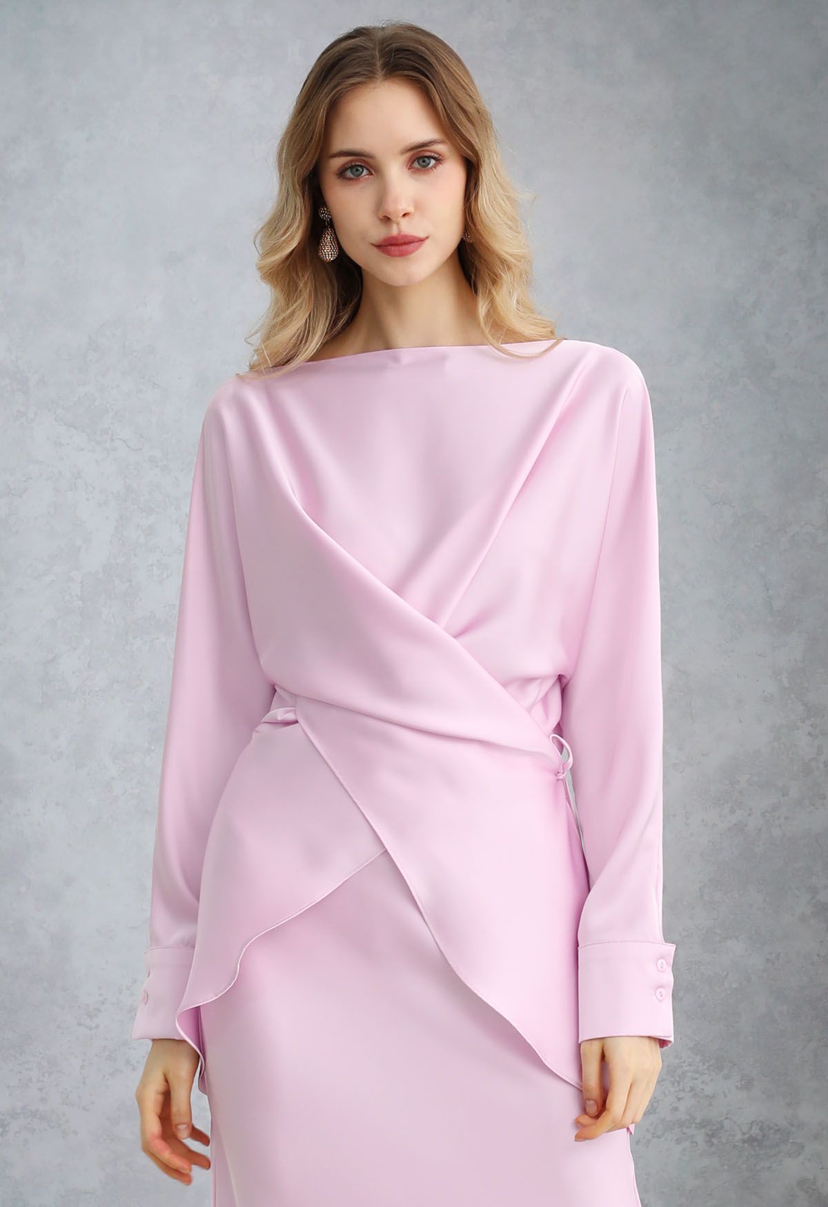 Boat Neck Crisscross Waist Satin Top in Pink