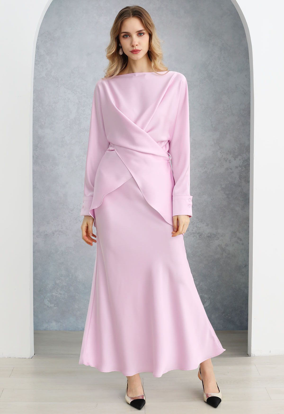 Satin Finish Mermaid Maxi Skirt in Pink