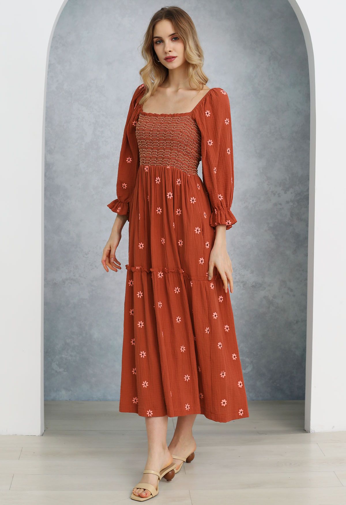 Floret Embroidery Square Neck Midi Dress in Orange